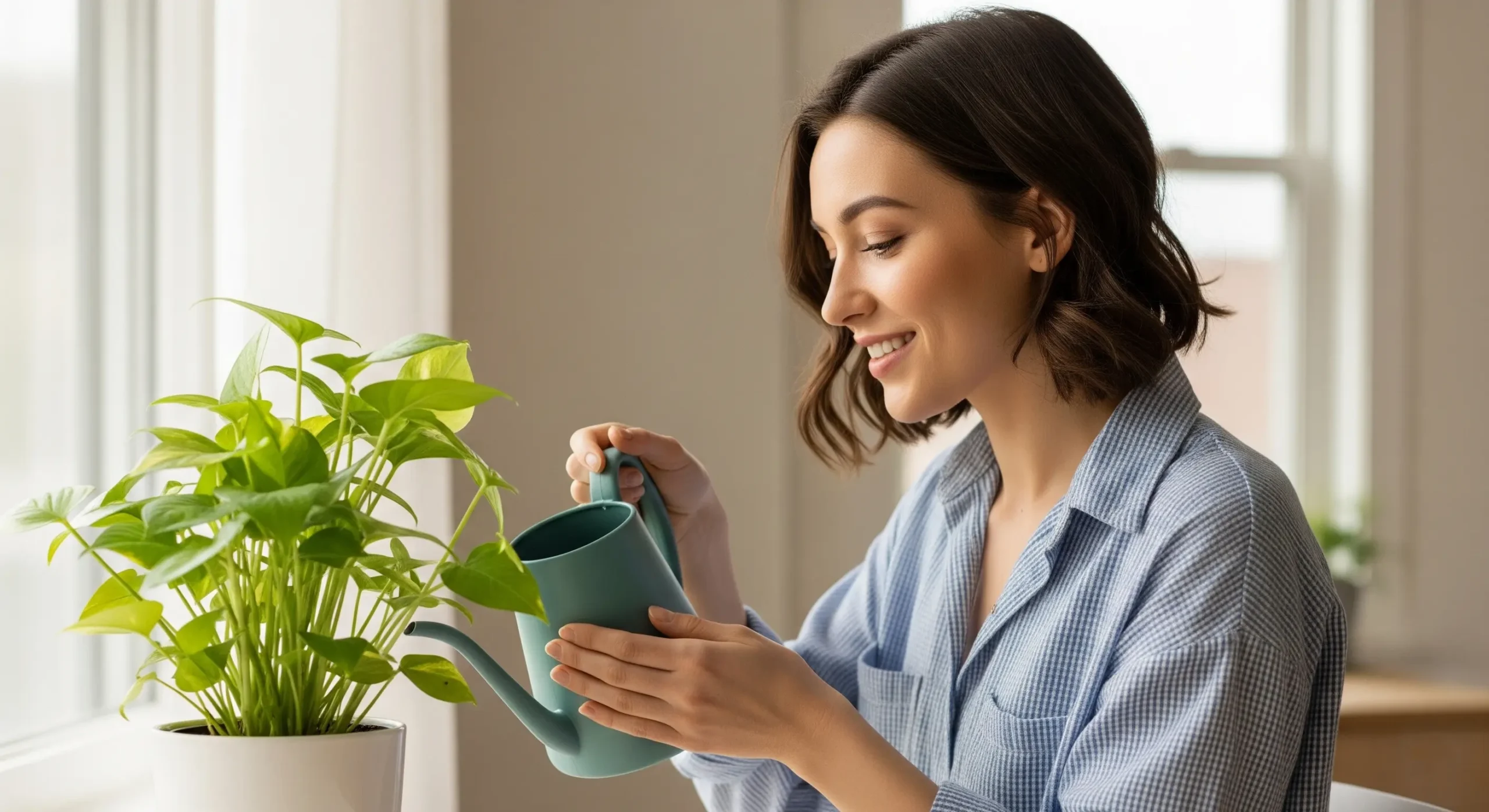 A person gently tending to a potted Aloe Vera plant, finding peace with **plants for mental health** in a cozy home setting, promoting mindful self-care.