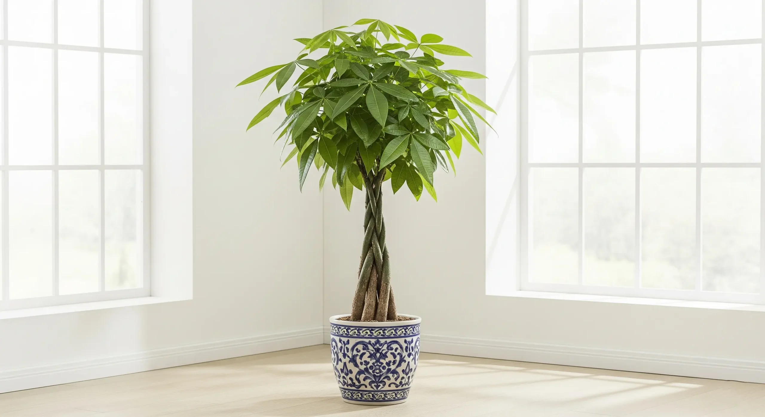 A classic Money Tree plant with a braided trunk in an elegant pot, a popular **feng shui plant** believed to attract wealth and financial prosperity.