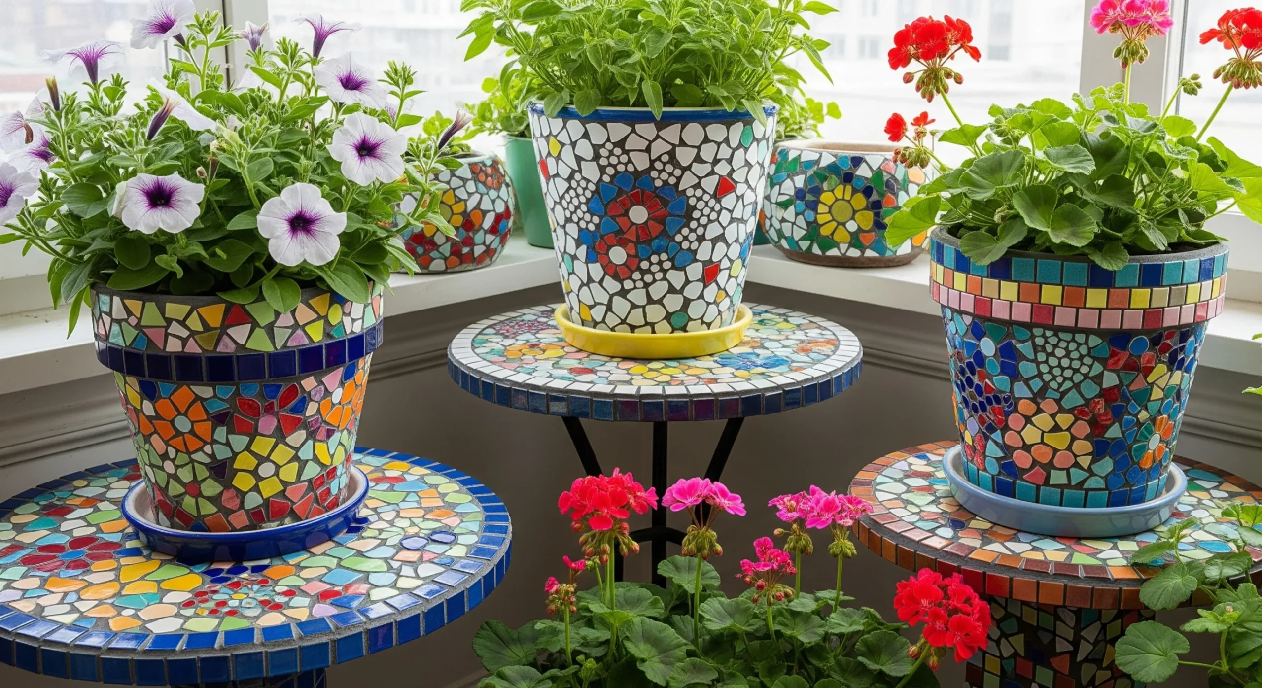 A terracotta pot decorated with colourful mosaic art, showcasing creative **whimsical garden decor** and personalization.