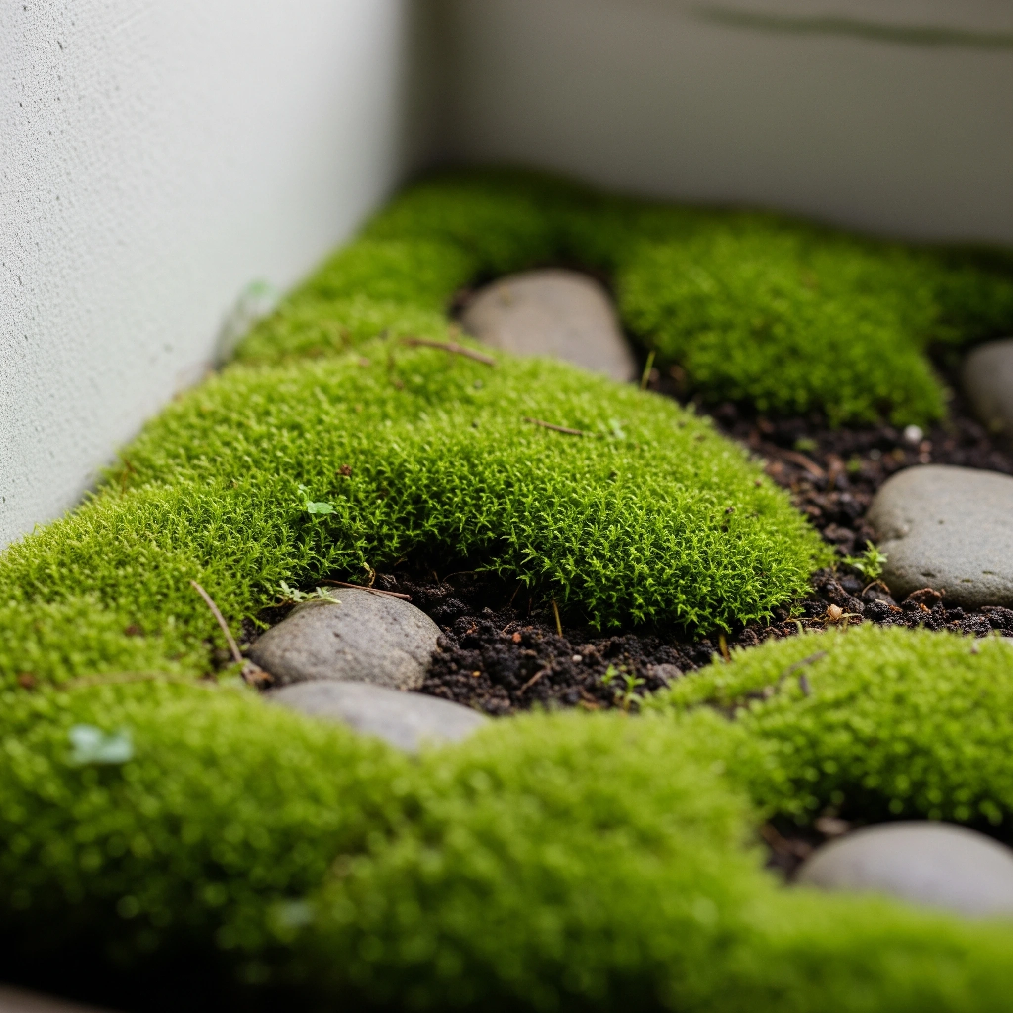 Lush green Moss covering rocks and ground, adding soft texture and ancient tranquility to a **meditation garden**.