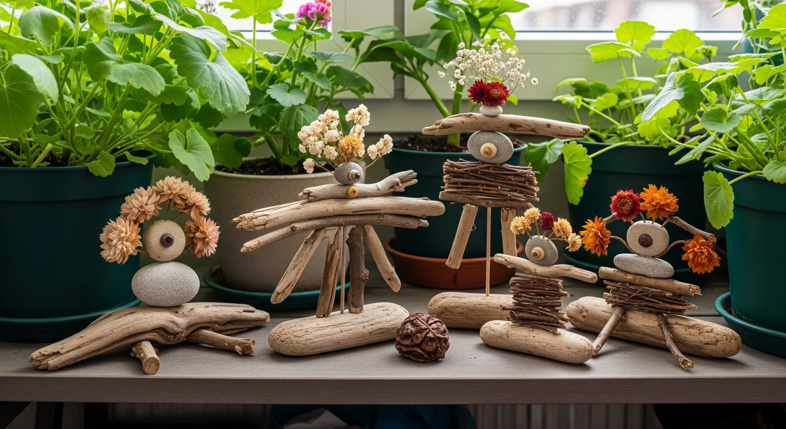 Sculpture made from woven branches, demonstrating **whimsical garden art** created from natural, organic materials.