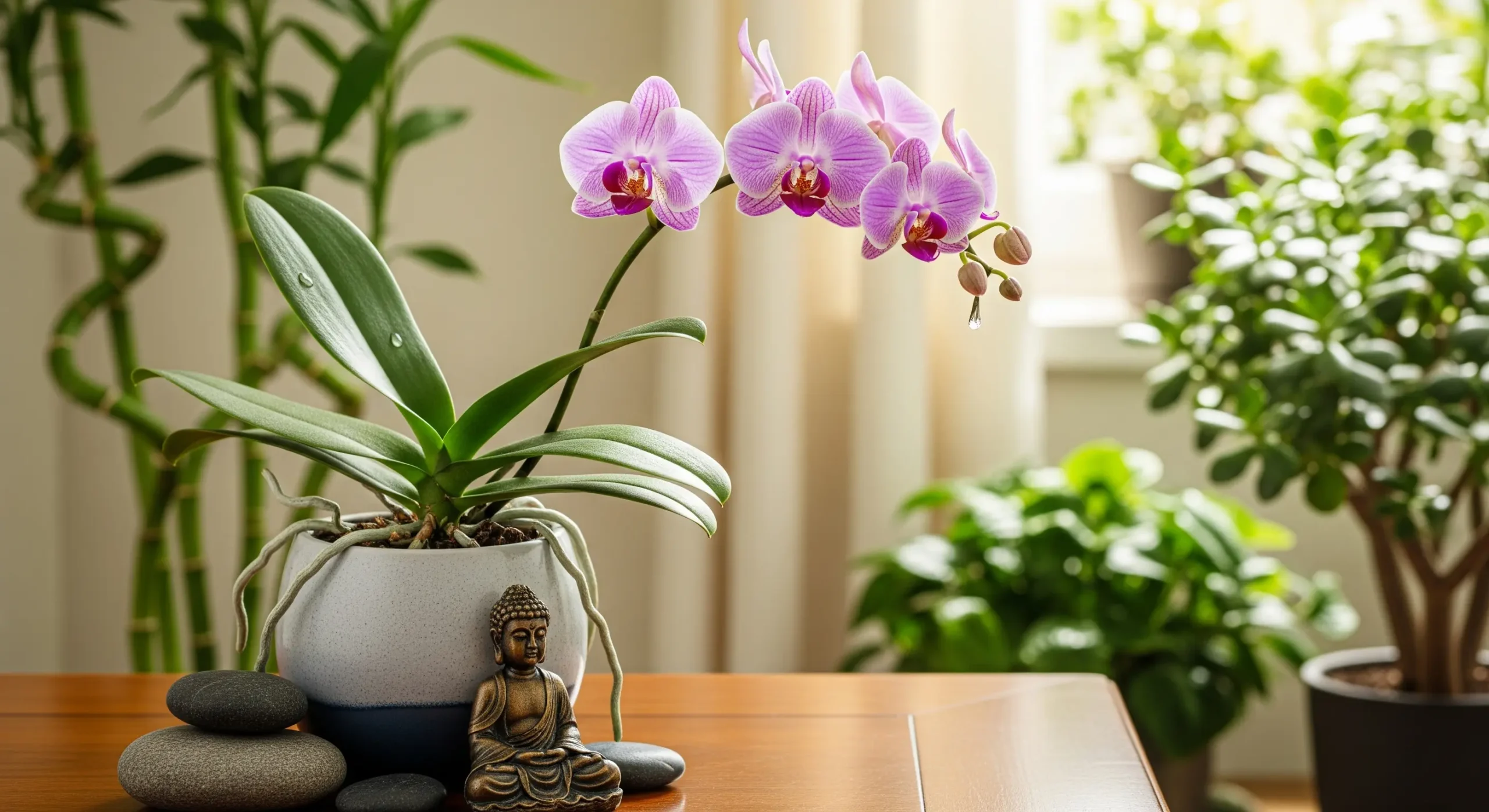An elegant Orchid with beautiful blooms, a graceful **Feng Shui plant** symbolizing love, fertility, and positive relationships.