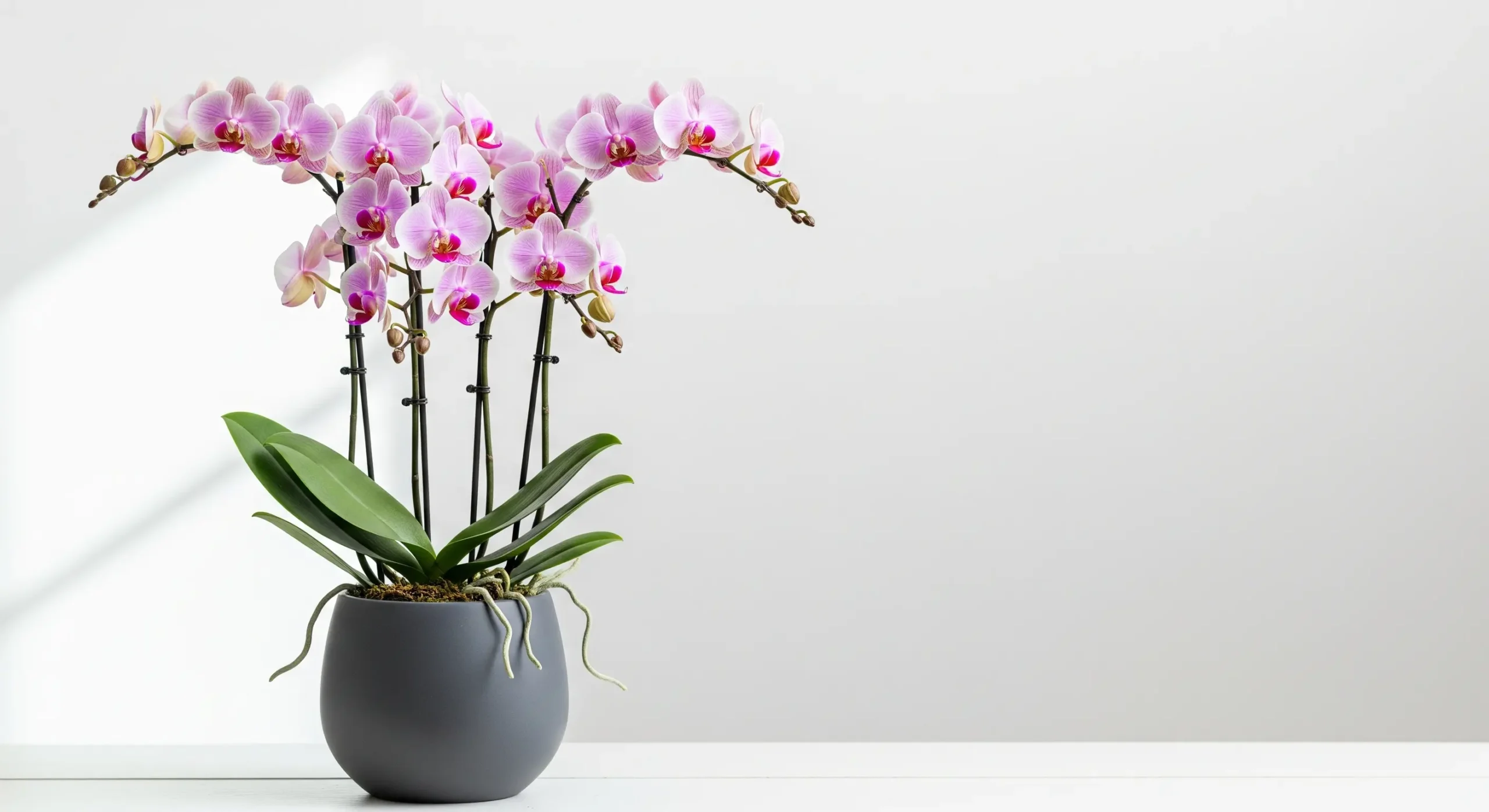 A beautiful Phalaenopsis Orchid with delicate pink blooms in a decorative pot, an elegant **plant gift** symbolizing luxury, love, and appreciation.
