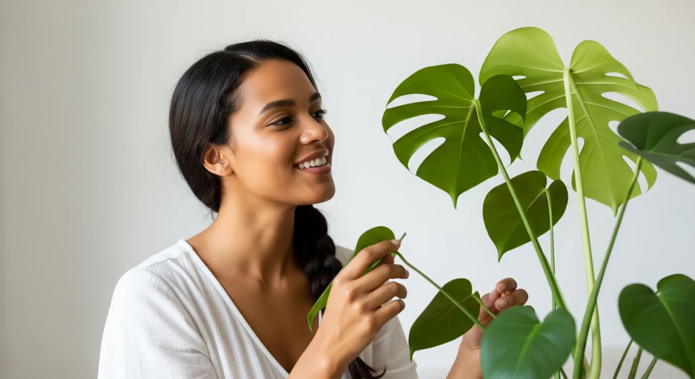 A woman confidently tending to a thriving indoor plant, embodying the mission of **Zen Plant Therapy** to empower green journeys for women.