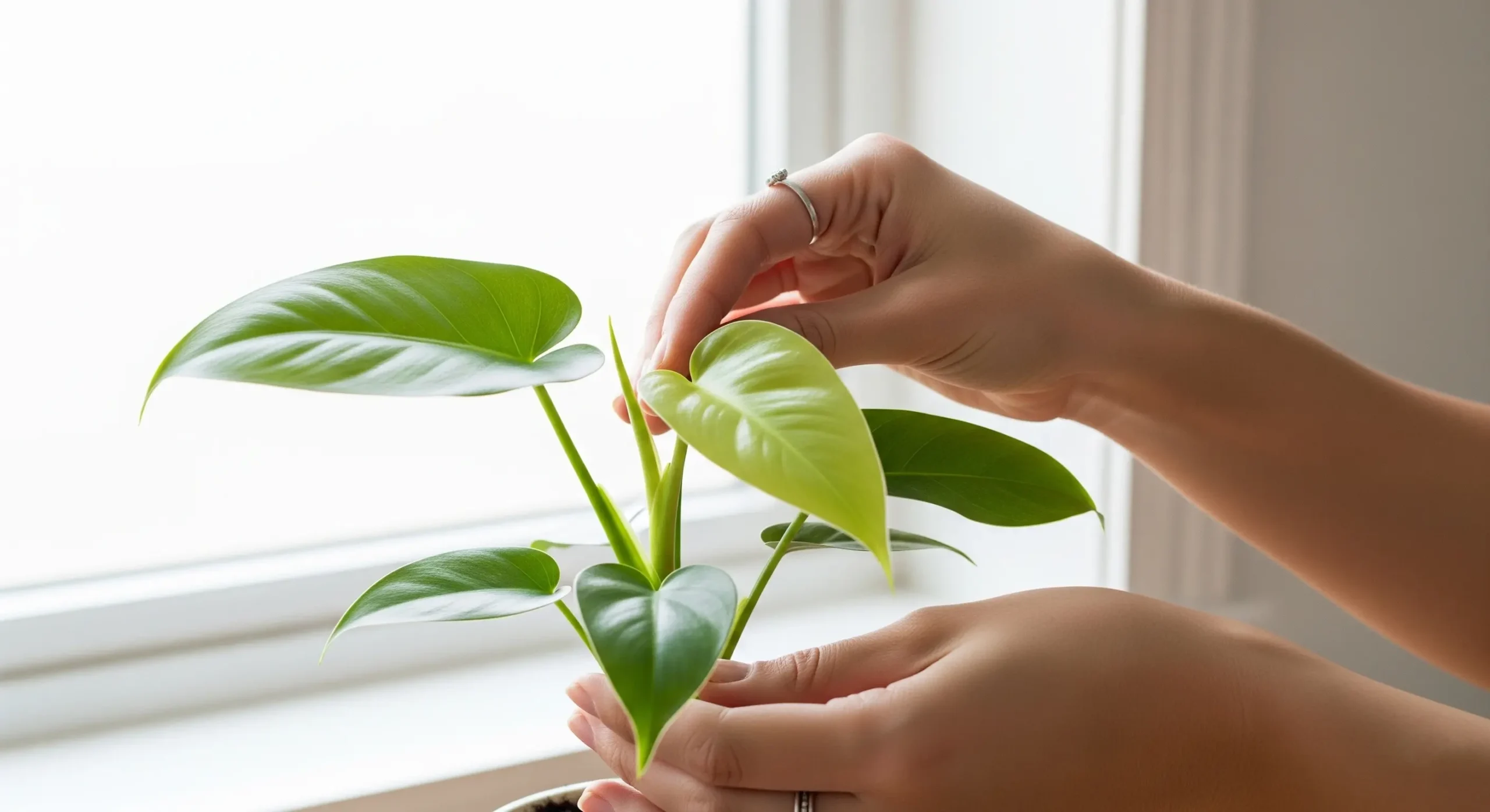 Hands gently tending to a small indoor plant, representing the humble beginnings and personal passion behind **Zen Plant Therapy**.