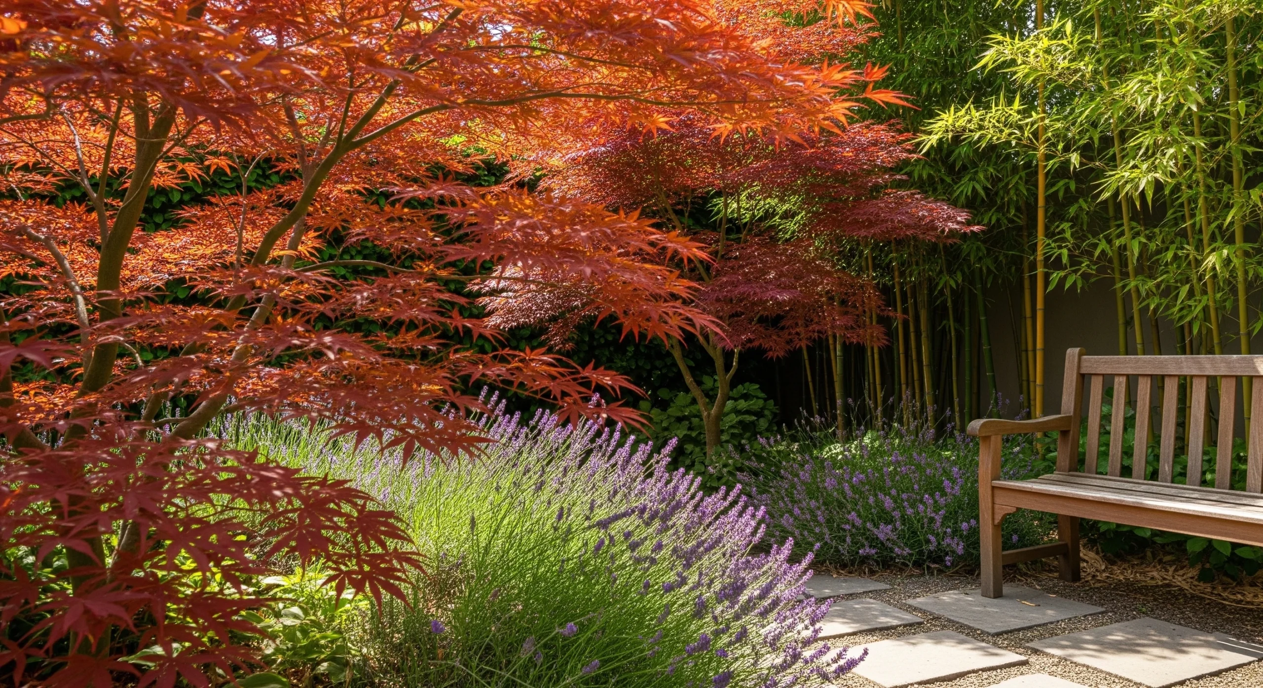 A serene outdoor **meditation garden** with lush plants, a simple bench, and soft natural light, fostering inner peace and tranquility.