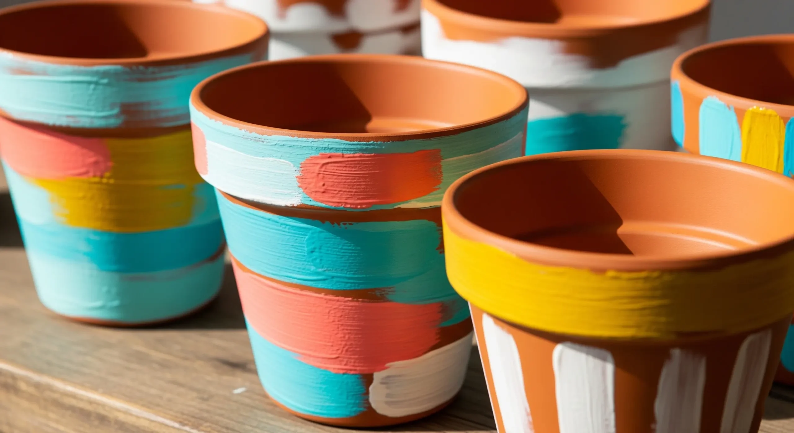 Hand-painted terracotta plant pots with abstract designs, a simple yet effective **DIY plant pot decoration** method.