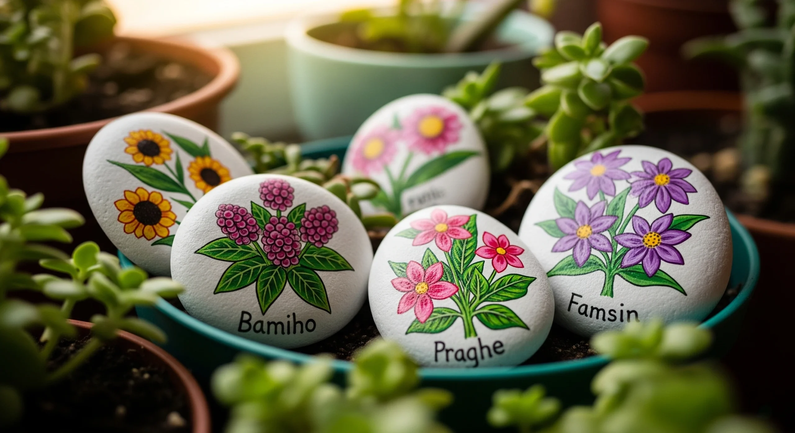 Colorful painted rock **DIY garden markers** with plant illustrations, a durable and artistic way to label garden beds.