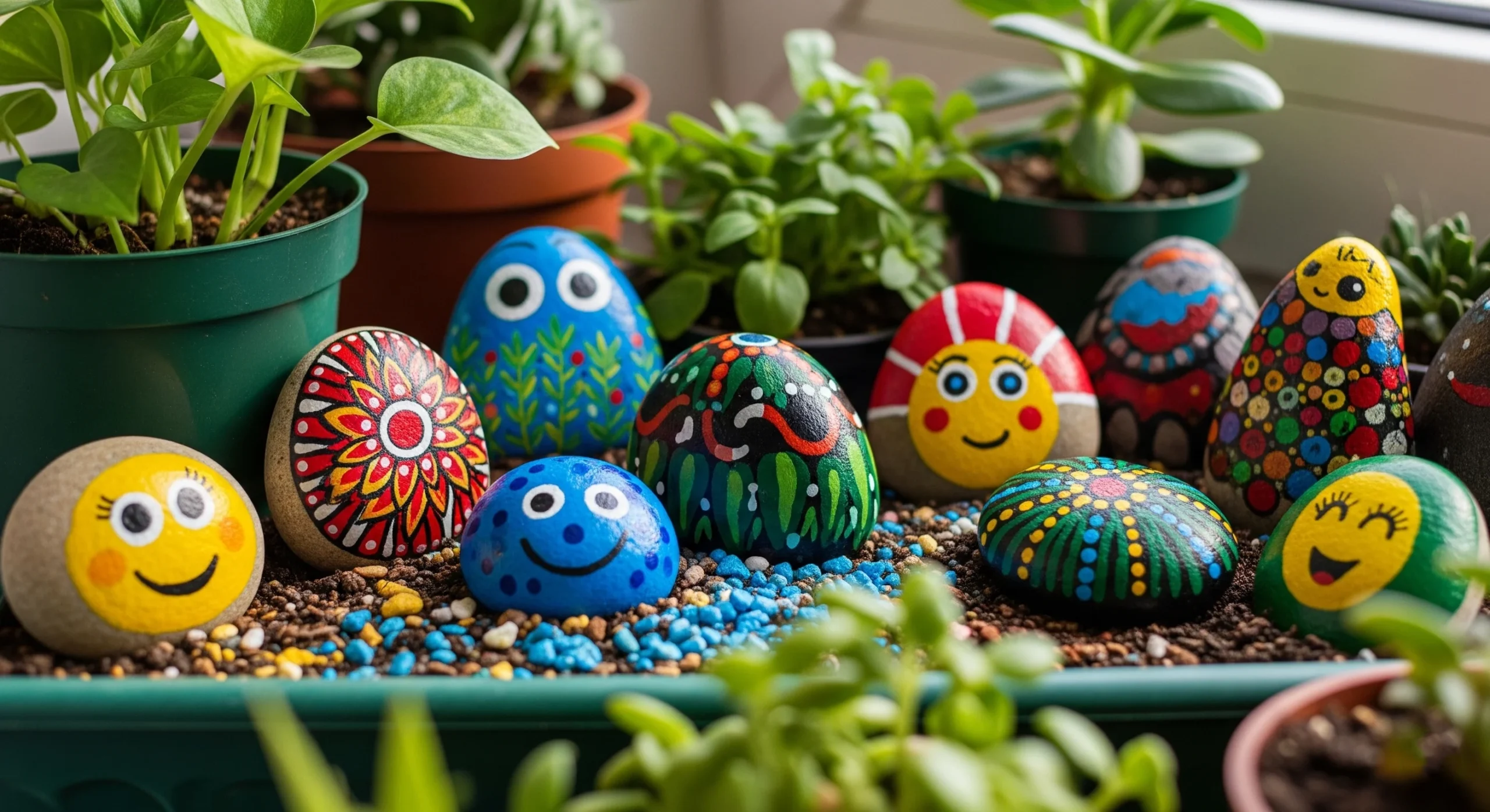 Hand-painted ladybug rocks nestled among garden plants, a simple yet charming **whimsical garden decor** idea.