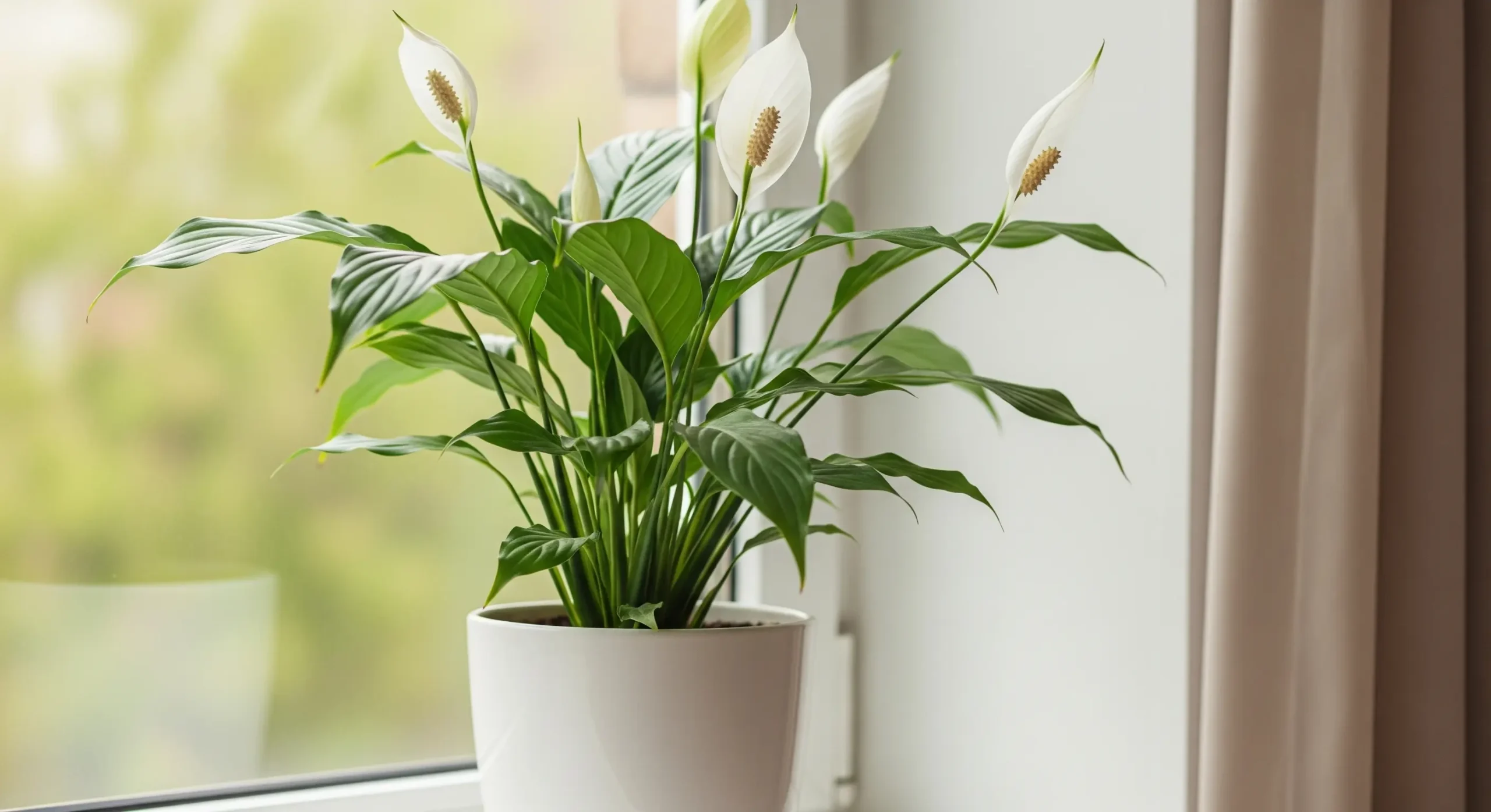 A beautiful Peace Lily plant with elegant white blooms, a highly effective **air purifying plant** for filtering indoor toxins.
