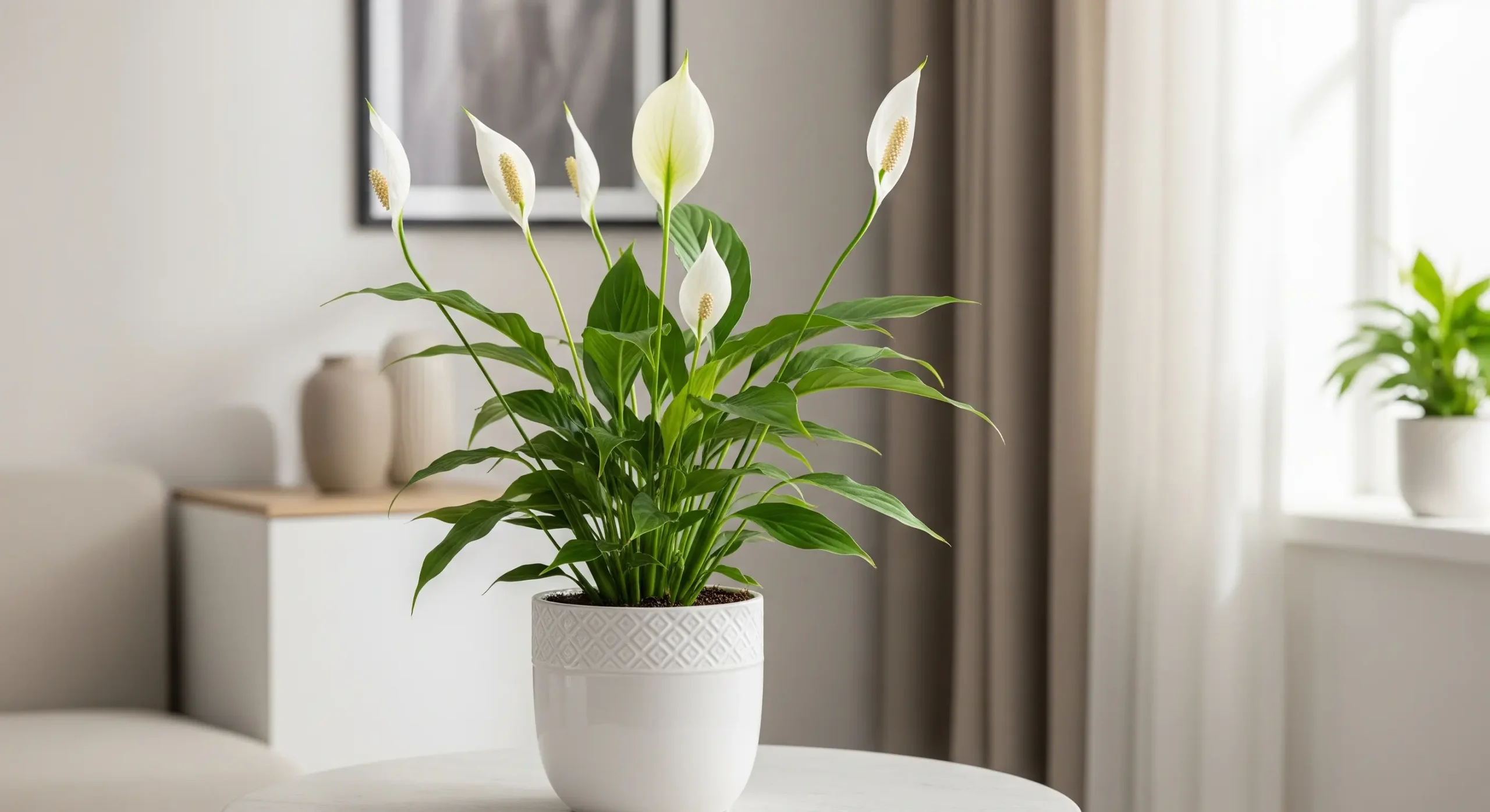 A serene Peace Lily plant with lush green leaves and white flowers, a **feng shui plant** that symbolizes peace, harmony, and purity in a living space.