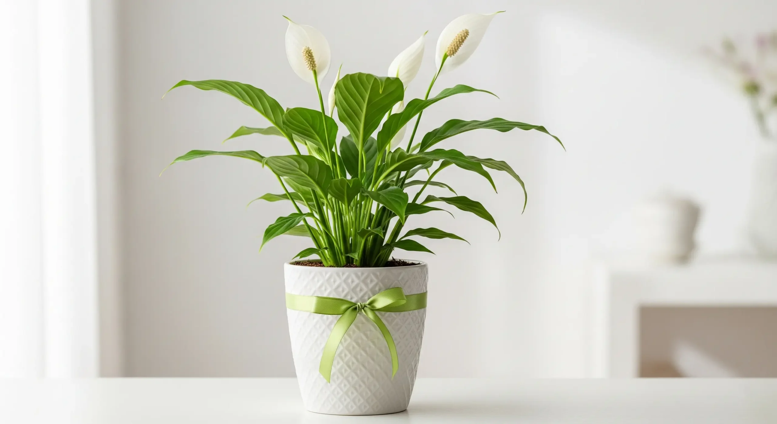 An elegant Peace Lily plant with lush green leaves and white flowers, a thoughtful **plant gift** symbolizing peace, comfort, and purification.