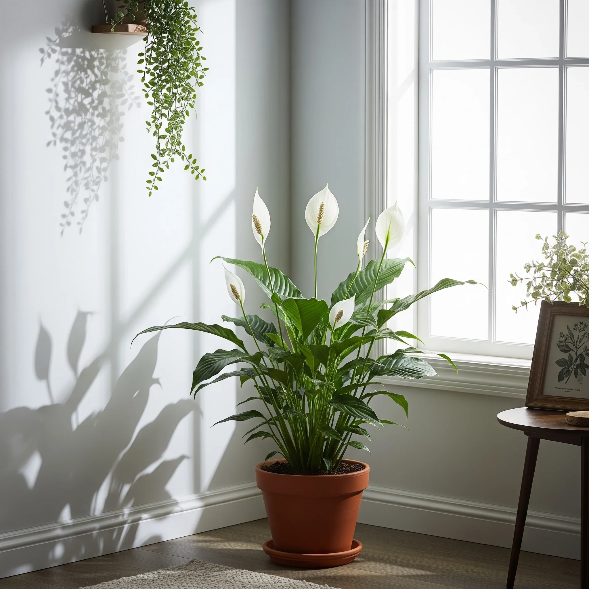 A beautiful Peace Lily plant with white blooms, a top **plant for mental health** known for serenity and air purification.