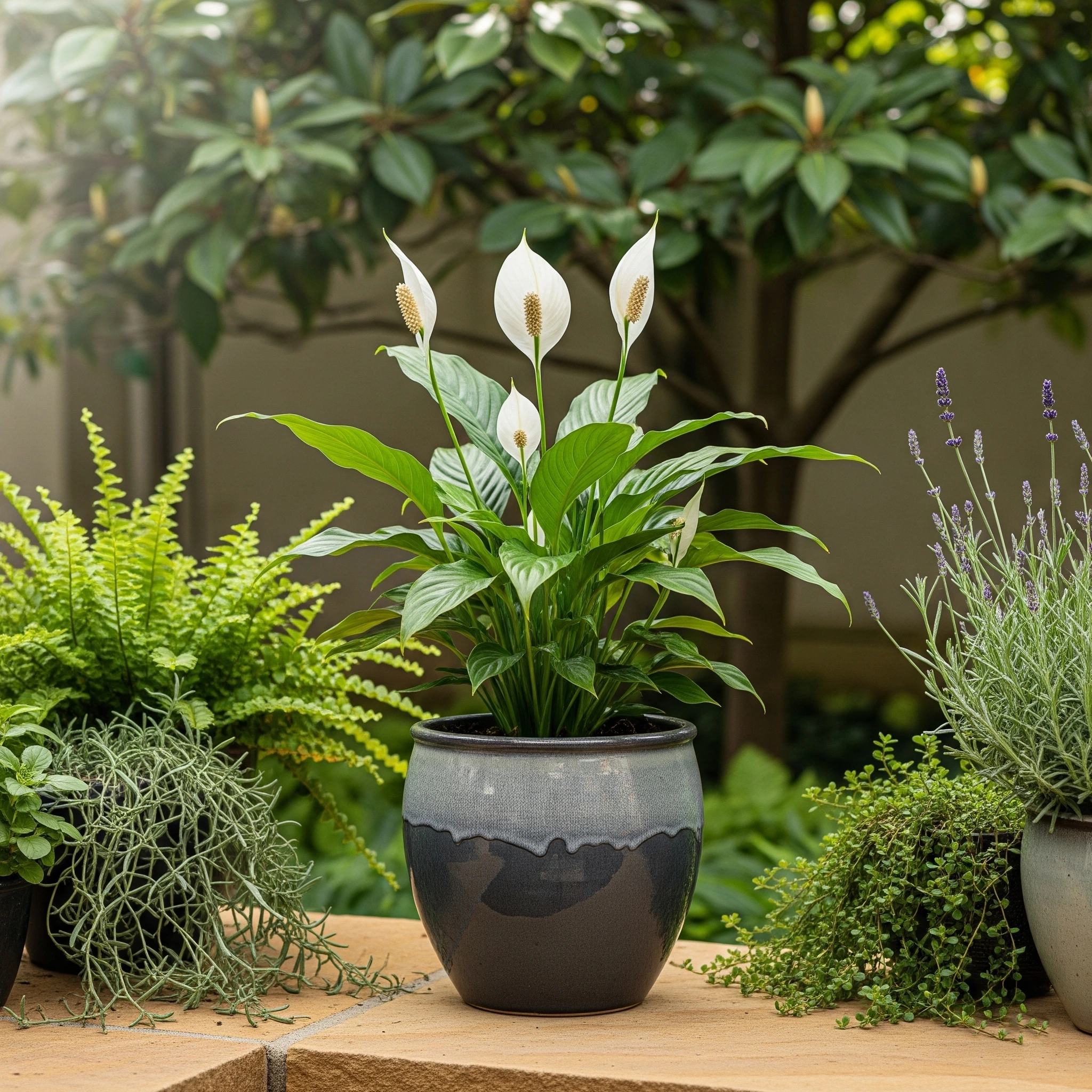An elegant Peace Lily in a pot, a symbolic **meditation garden plant** for purity and calm in mild outdoor settings.