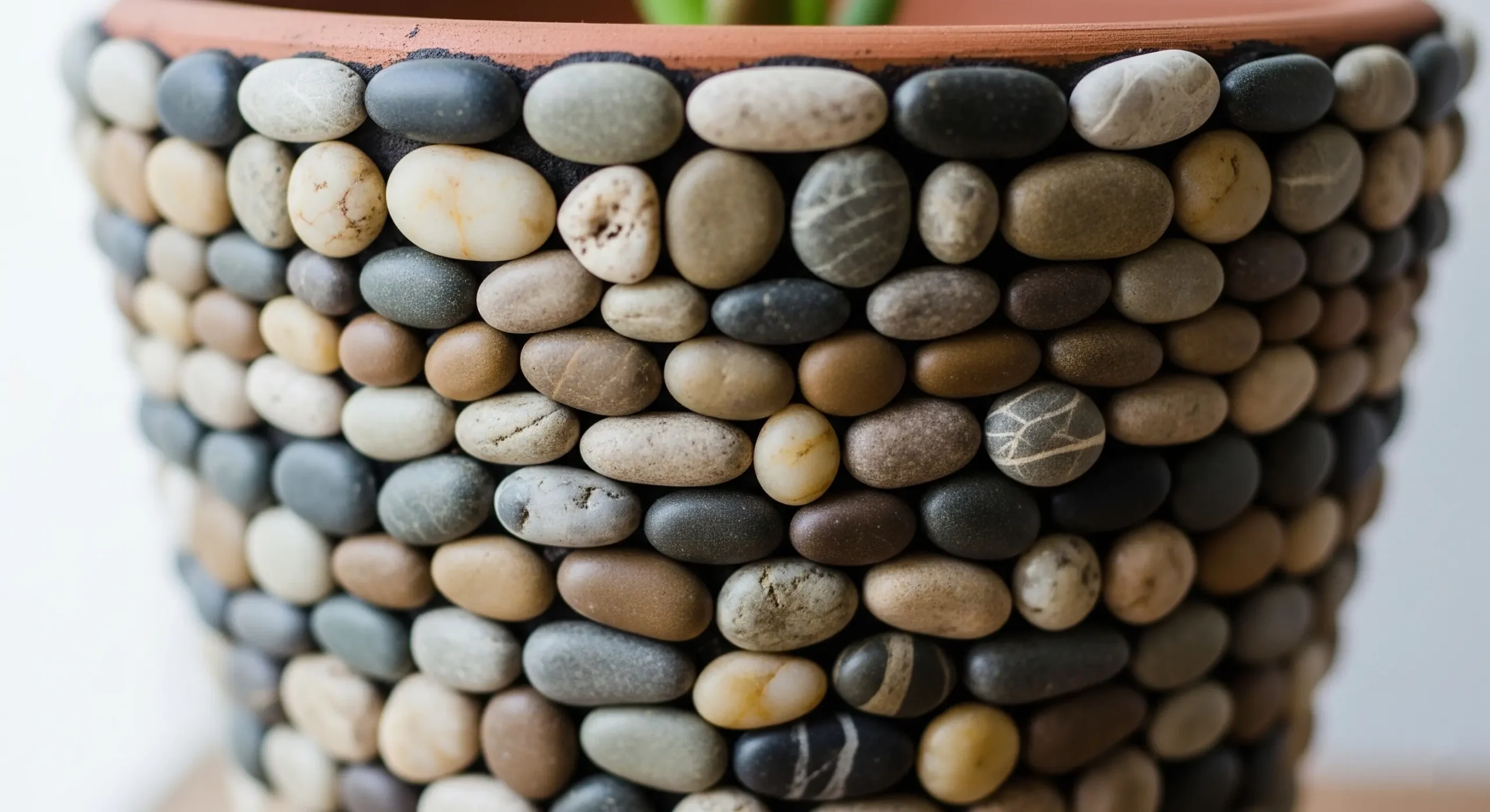 A plant pot decorated with small natural river stones in a mosaic pattern, a unique and meditative **DIY plant pot decoration** project.