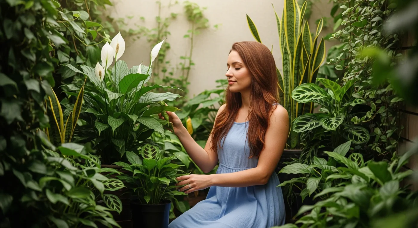 A selection of calming plants like Peace Lily, Snake Plant, and Prayer Plant, beautifully arranged in a **serene garden nook** setting for relaxation and tranquility.