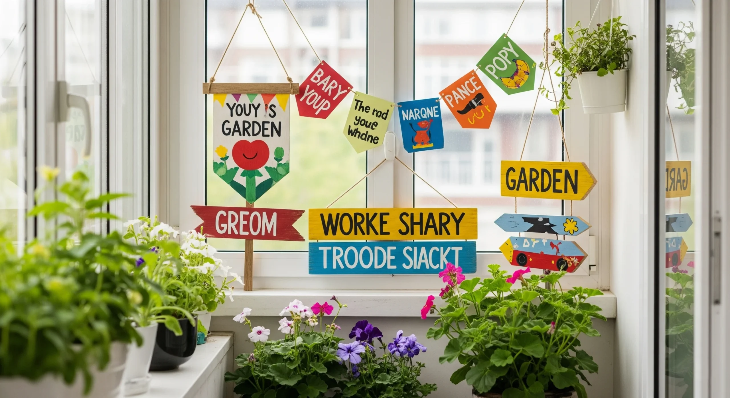 A hand-painted wooden sign with a whimsical quote, adding playful **whimsical garden decor** to a garden pathway.
