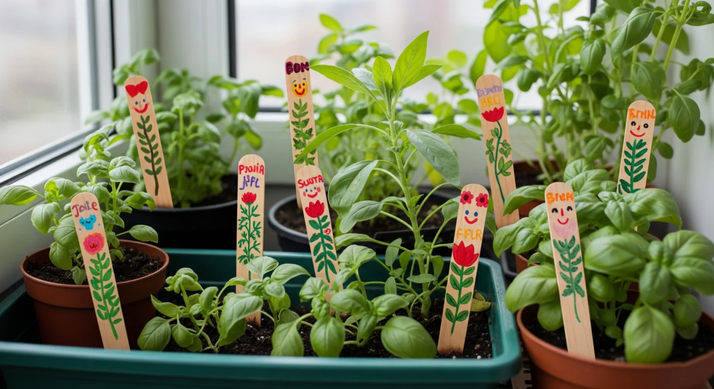 Colorful popsicle stick **DIY garden markers** made by children, perfect for labeling seedlings and small plants.