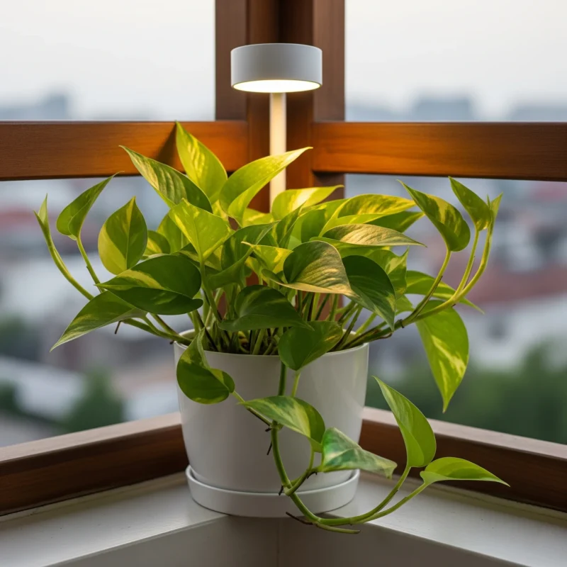 A cascading Pothos plant with lush green leaves, an **indoor plant for mental health** that purifies air and reduces stress.