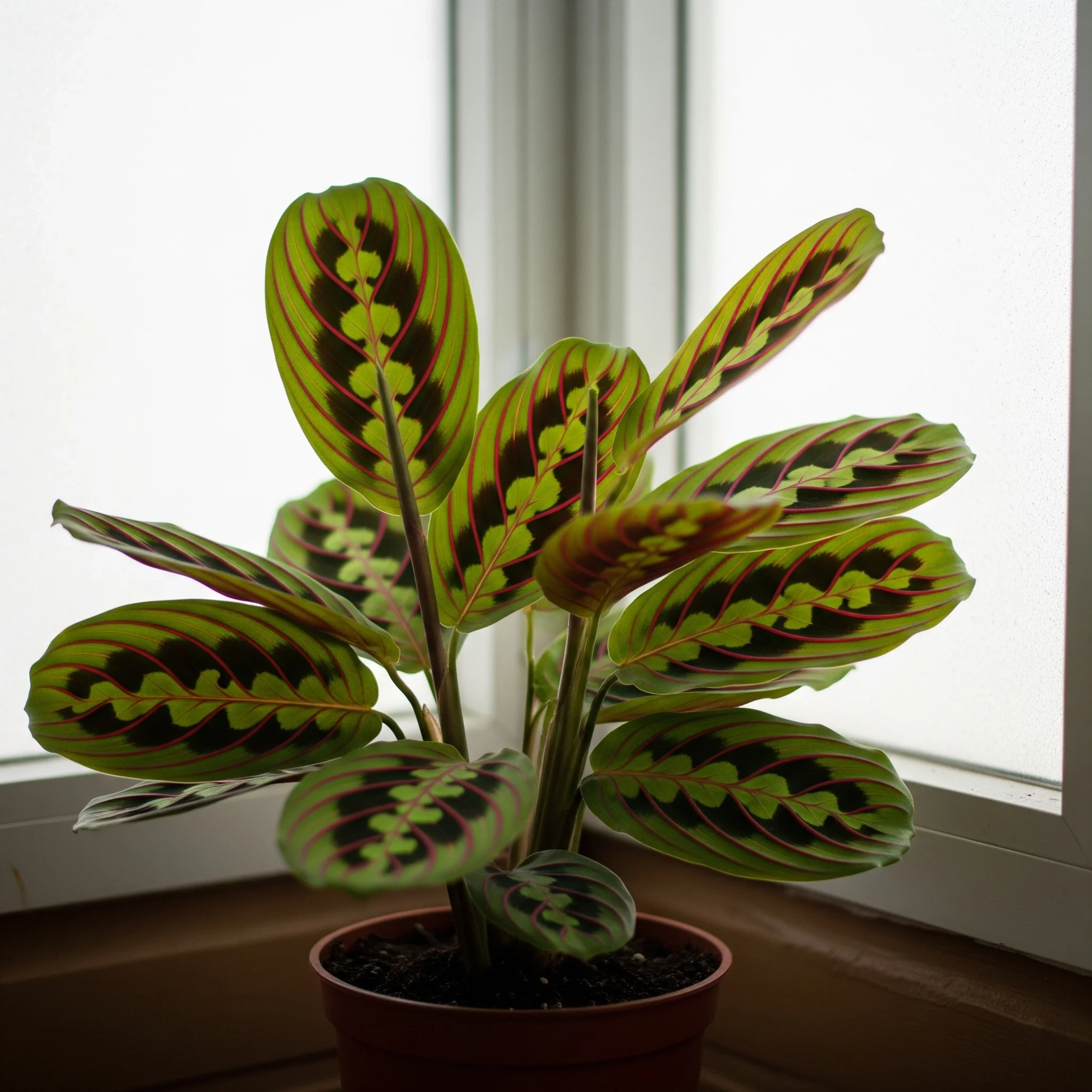A striking Prayer Plant with patterned leaves, a fascinating **plant for mental health** that encourages mindfulness with its daily leaf movements.
