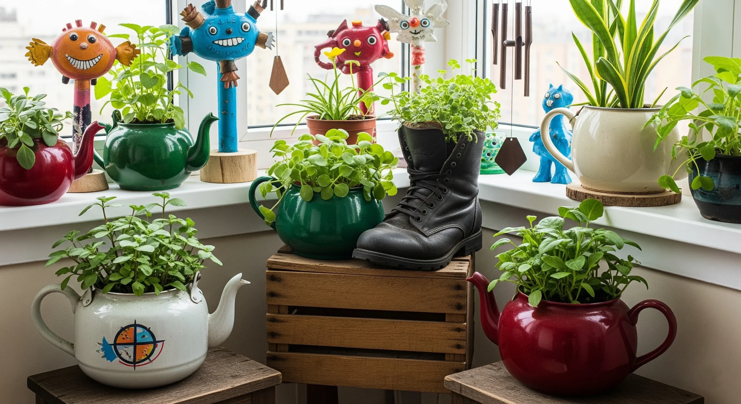 Creative repurposed planters like old boots and teapots, showcasing upcycled and **whimsical garden decor** ideas.
