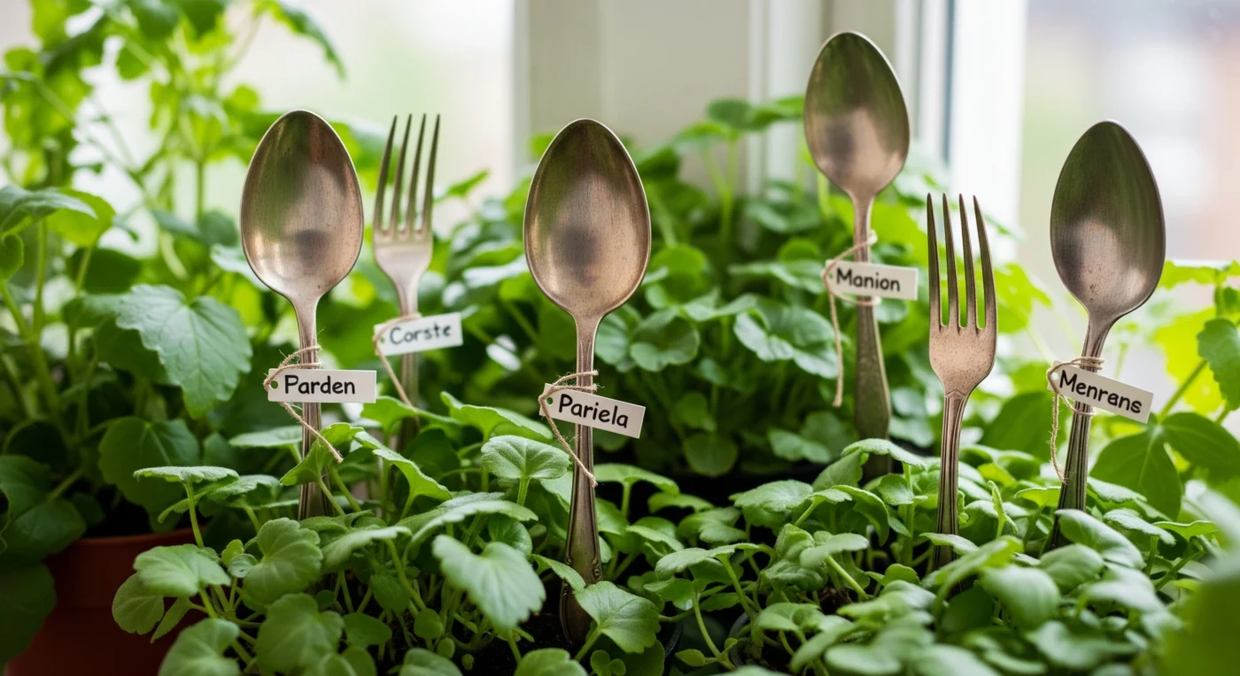Repurposed metal spoons with stamped plant names, unique and durable **DIY garden markers** for a vintage look.