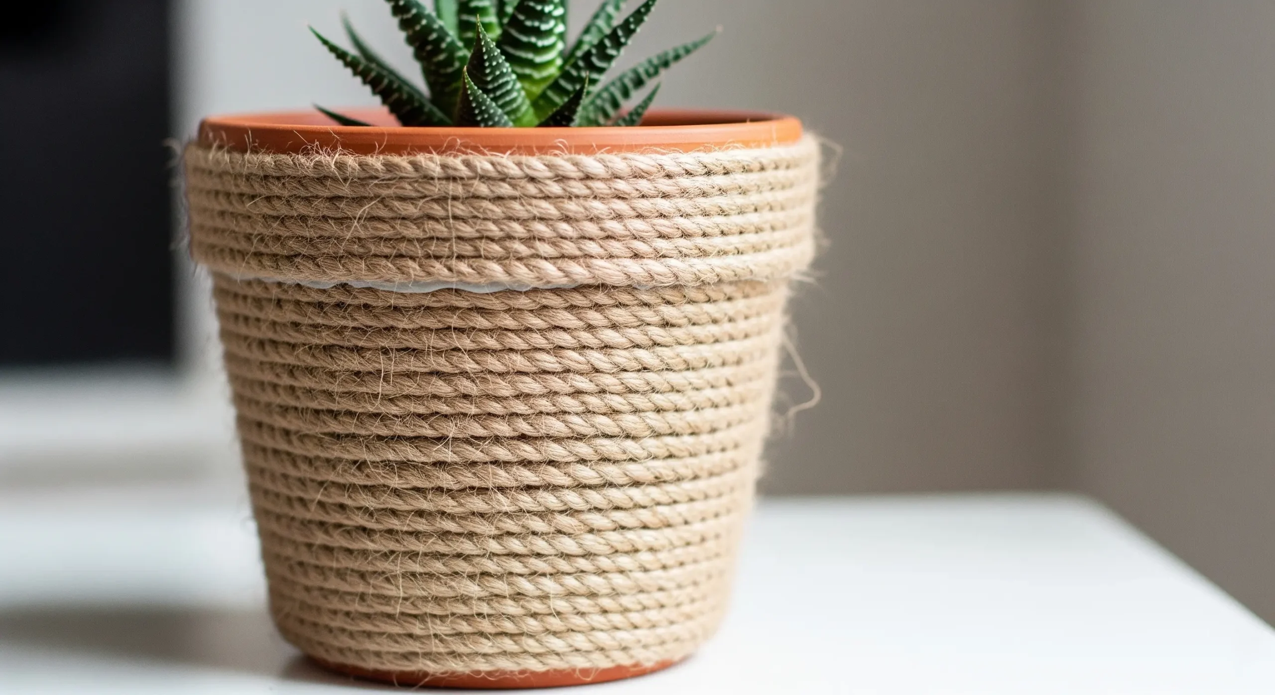 A plant pot neatly wrapped with natural jute rope, a charming and easy **DIY plant pot decoration** for a rustic look.