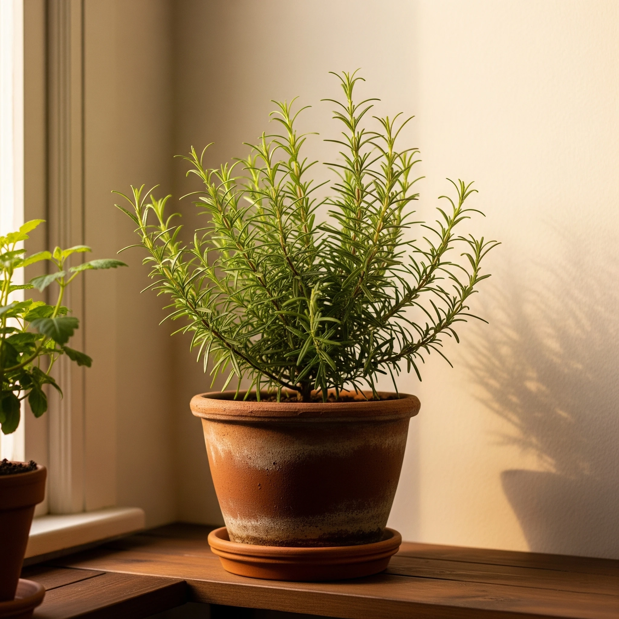 An aromatic Rosemary plant with needle-like leaves, a stimulating **meditation garden plant** that enhances focus and clarity.