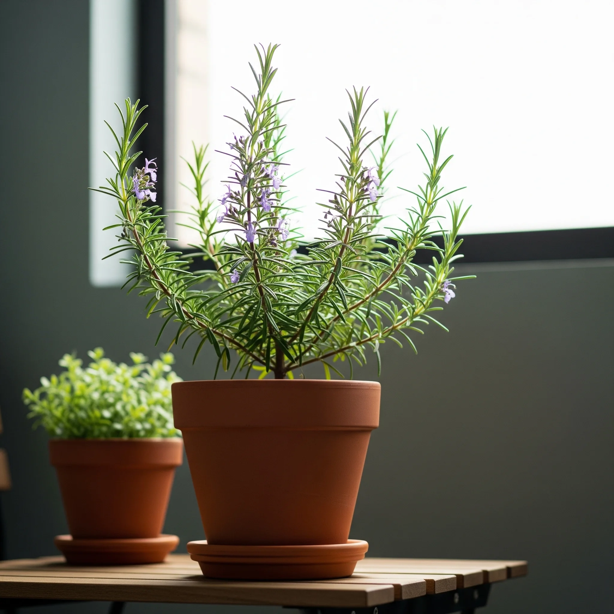 An aromatic Rosemary plant with needle-like leaves, a stimulating **plant for mental health** linked to improved focus and memory.