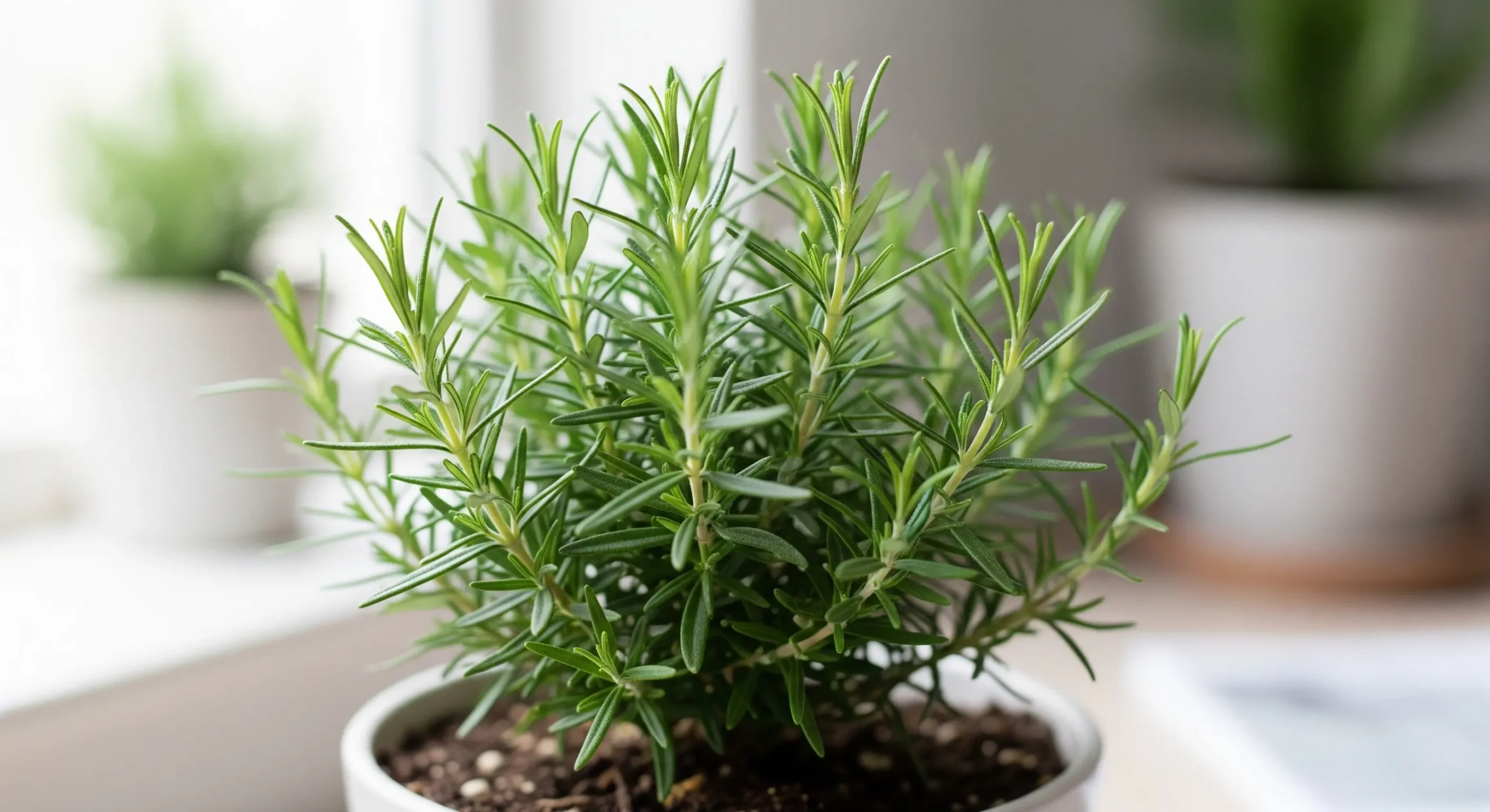 An aromatic Rosemary plant with woody stems and needle-like leaves, an ideal **indoor herb** for cooking and natural scents.
