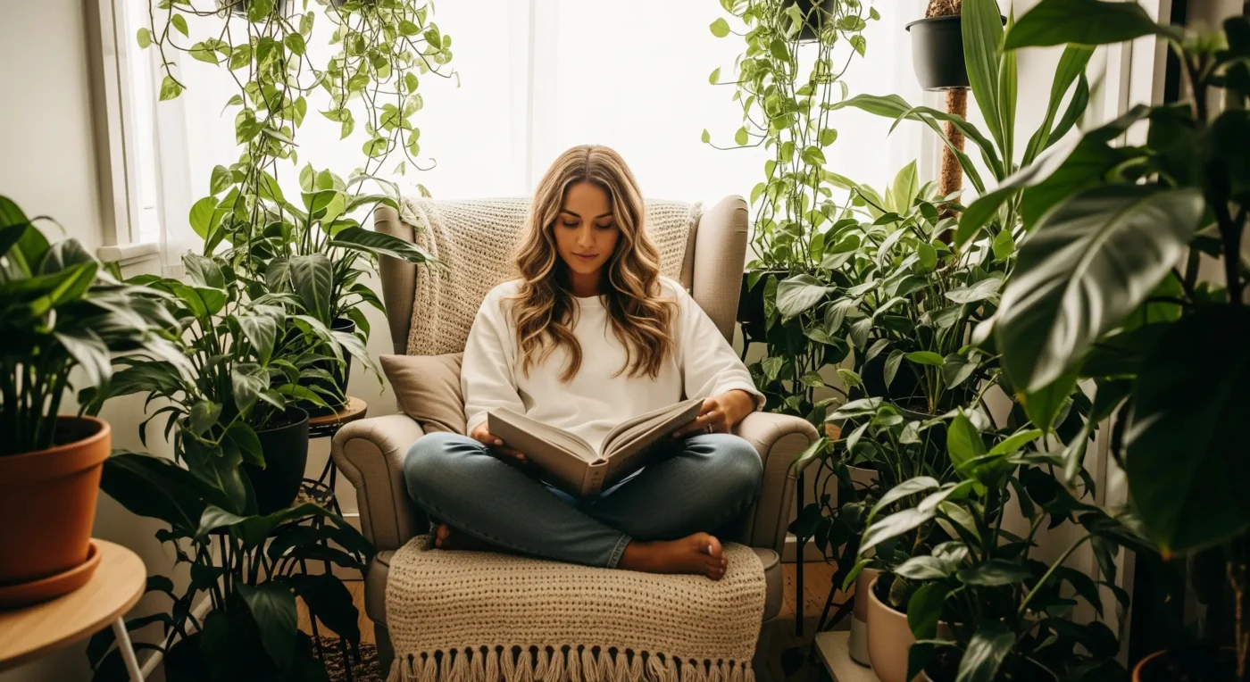 A tranquil corner transformed into a **serene garden nook** with lush indoor plants and soft lighting, ideal for relaxation and mindful living.