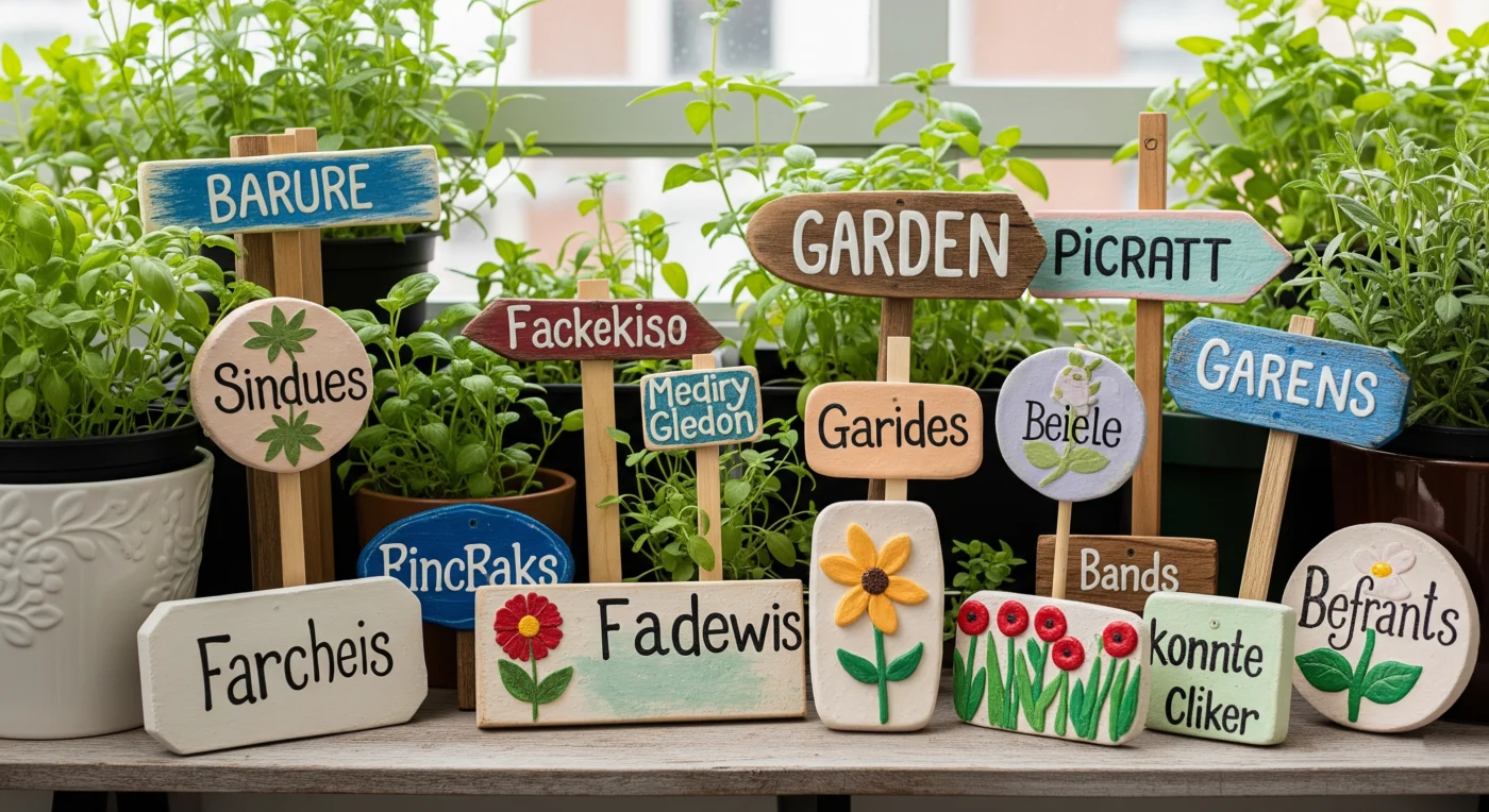 A vibrant collection of various **DIY garden markers**, including painted rocks, wooden stakes, and stamped spoons, beautifully organizing an herb garden.