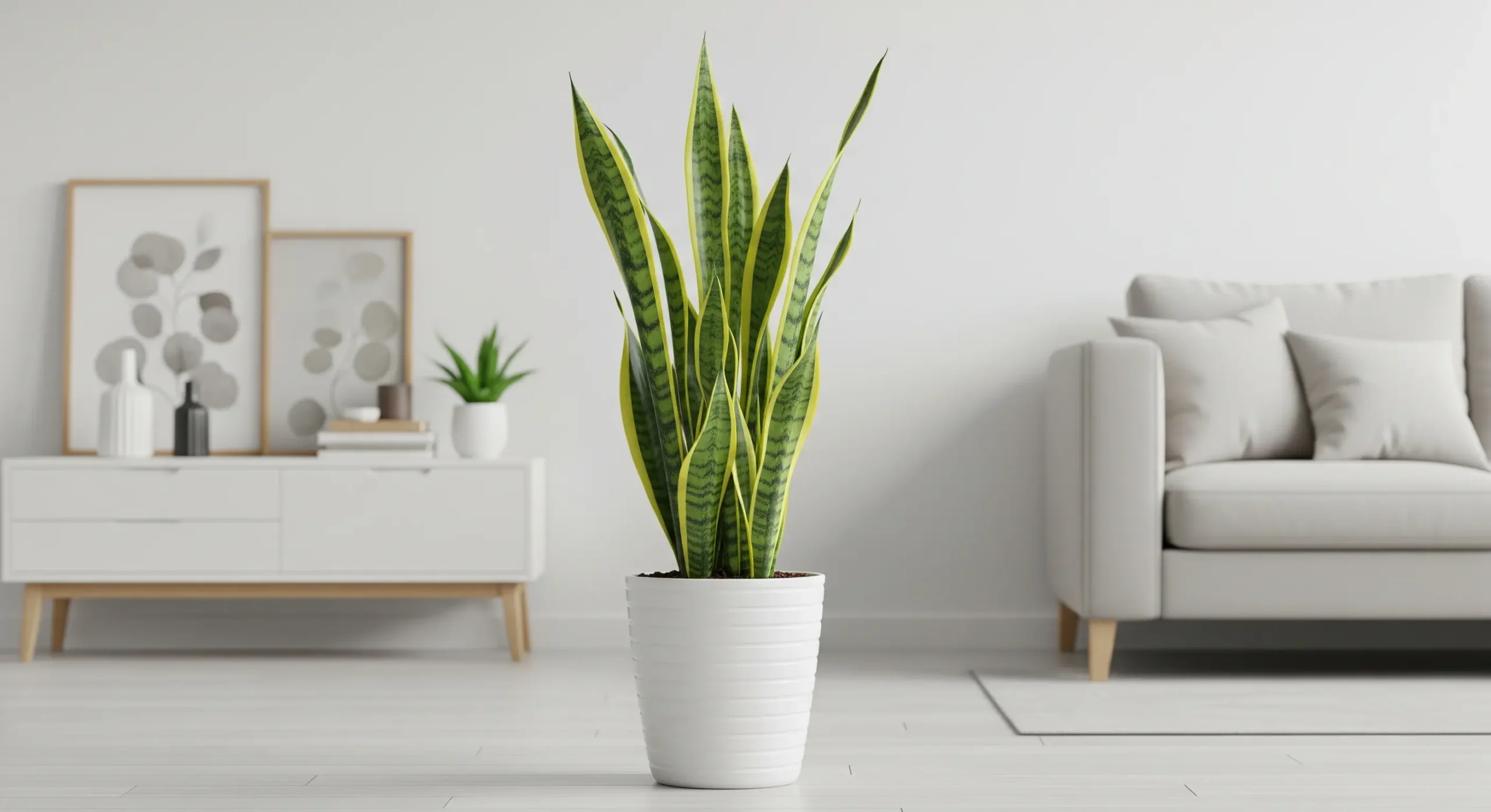 A tall Snake Plant with upright, strong leaves in a modern pot, a protective **feng shui plant** believed to ward off negative energy and purify air.