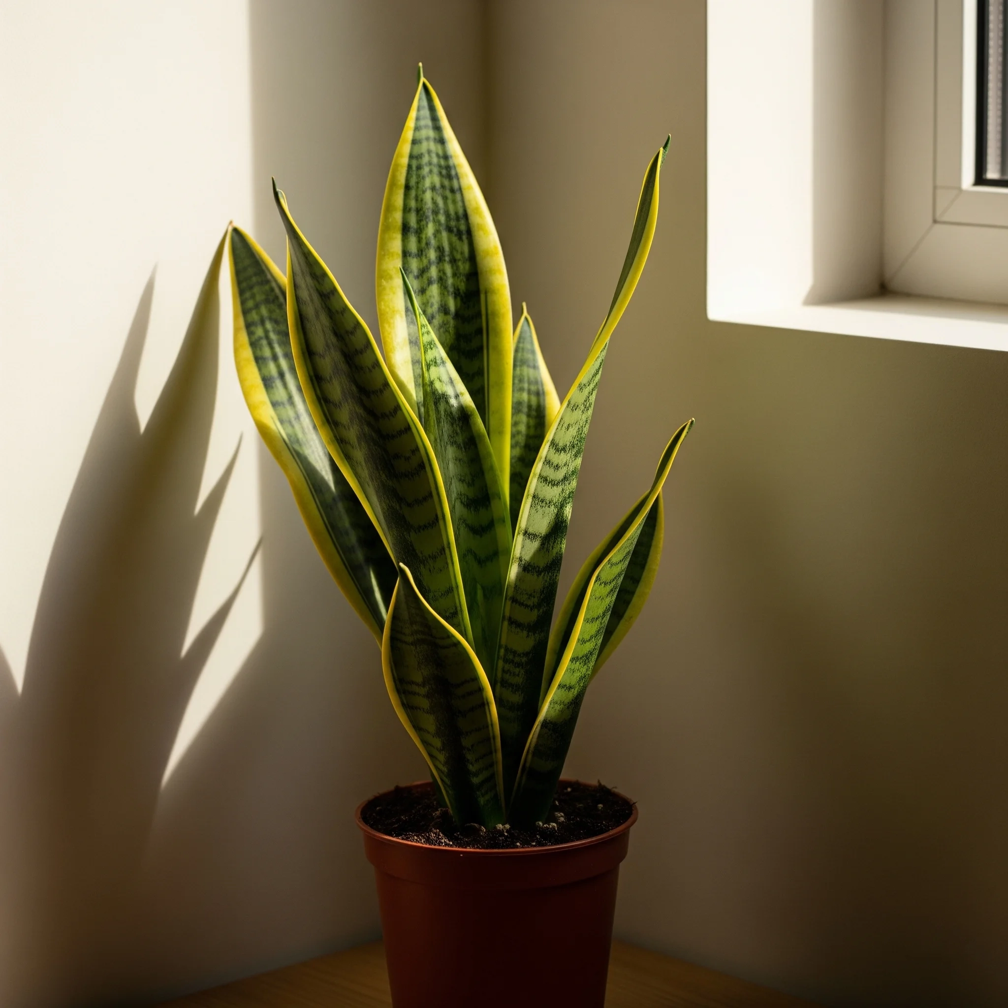 A tall Snake Plant with variegated leaves, a resilient **plant for mental health** that purifies air and promotes calm.