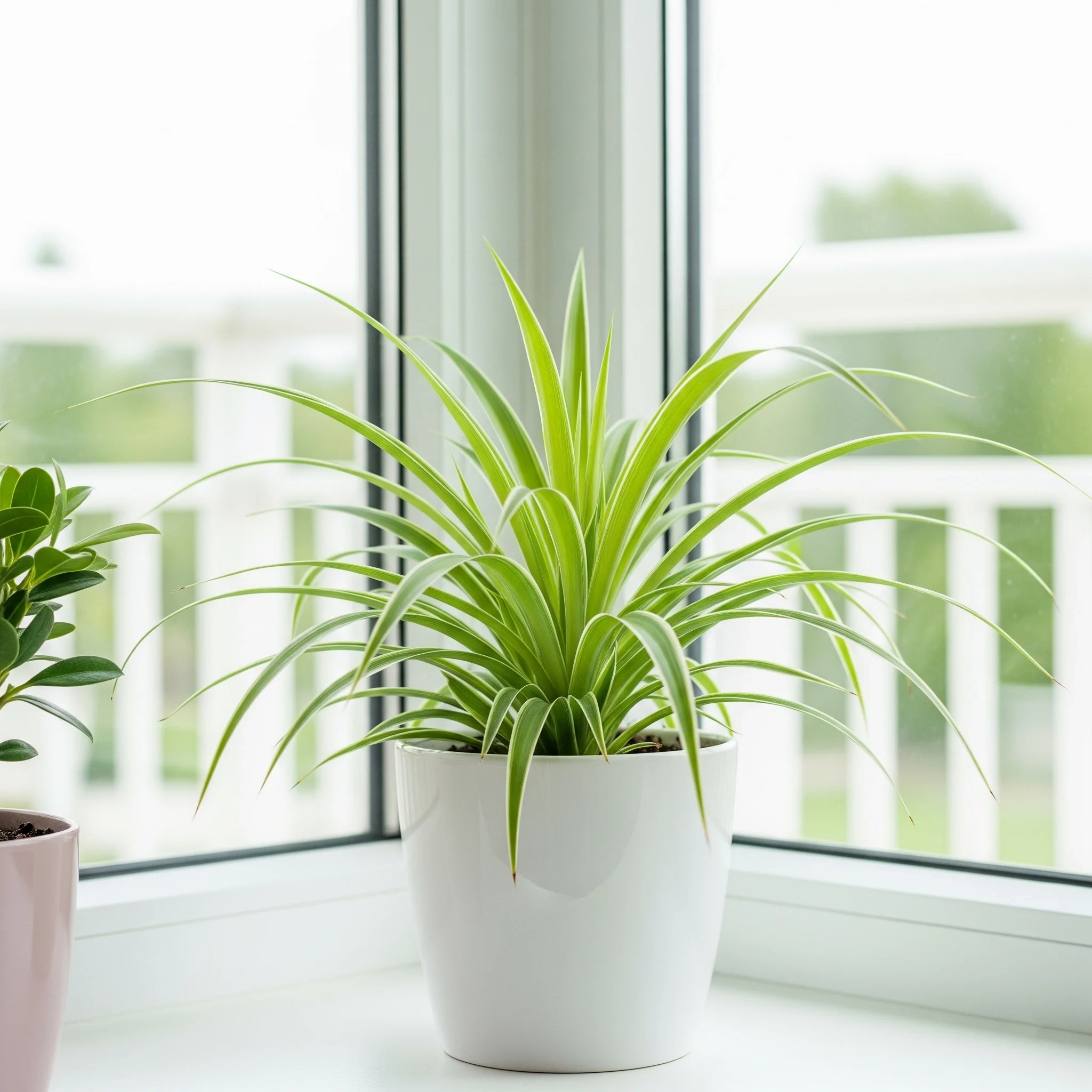 A vibrant Spider Plant with hanging spiderettes, an **indoor plant for mental health** that purifies air and promotes well-being.
