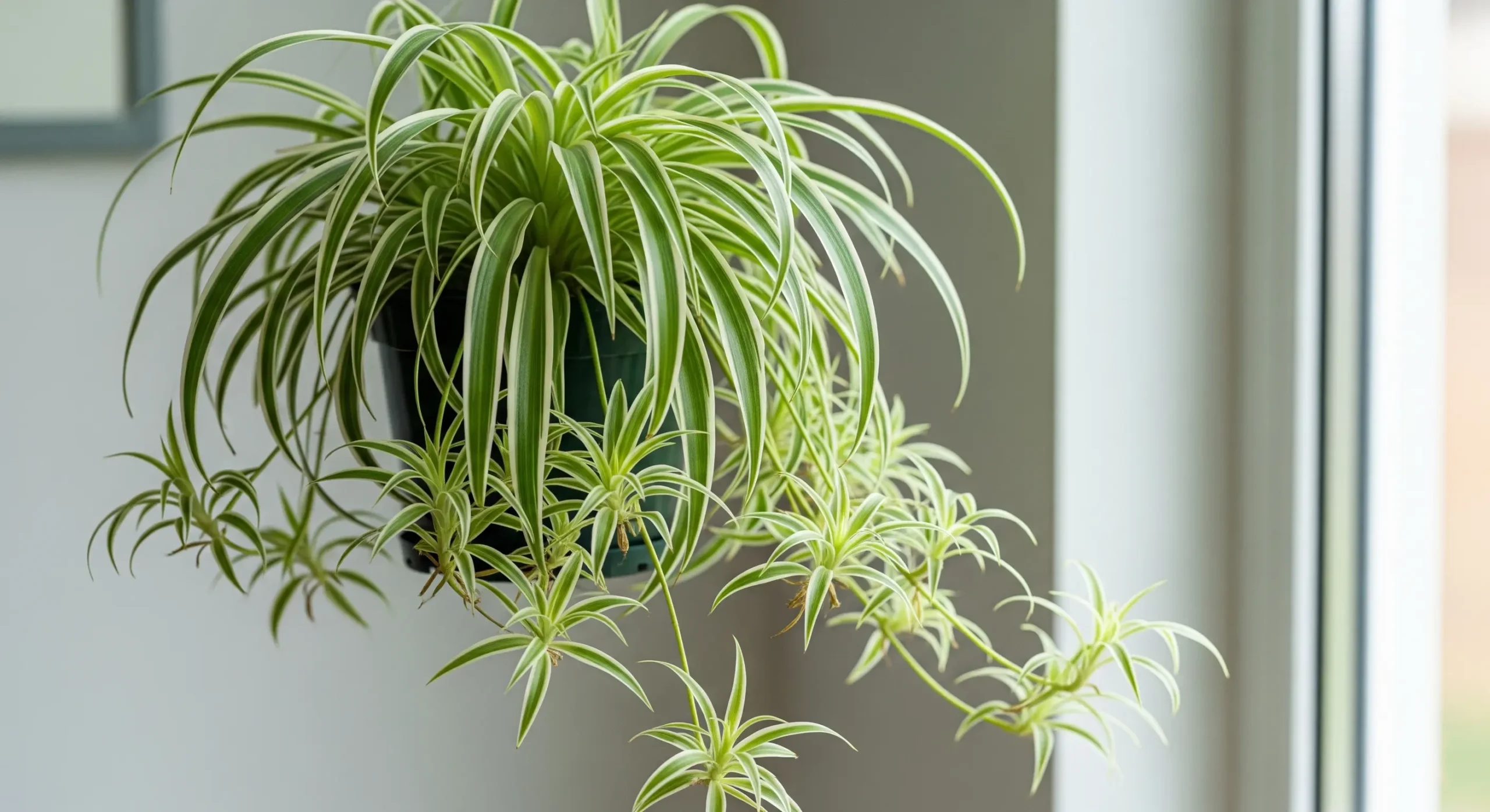 A lush Spider Plant with numerous hanging spiderettes, an effective and **easy air purifying plant** that cleanses formaldehyde from indoor air.