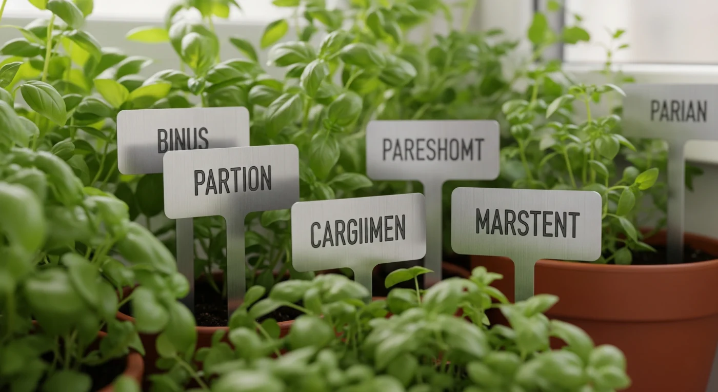 Sleek, stamped metal **DIY garden markers** with engraved plant names, a modern and durable labeling solution.