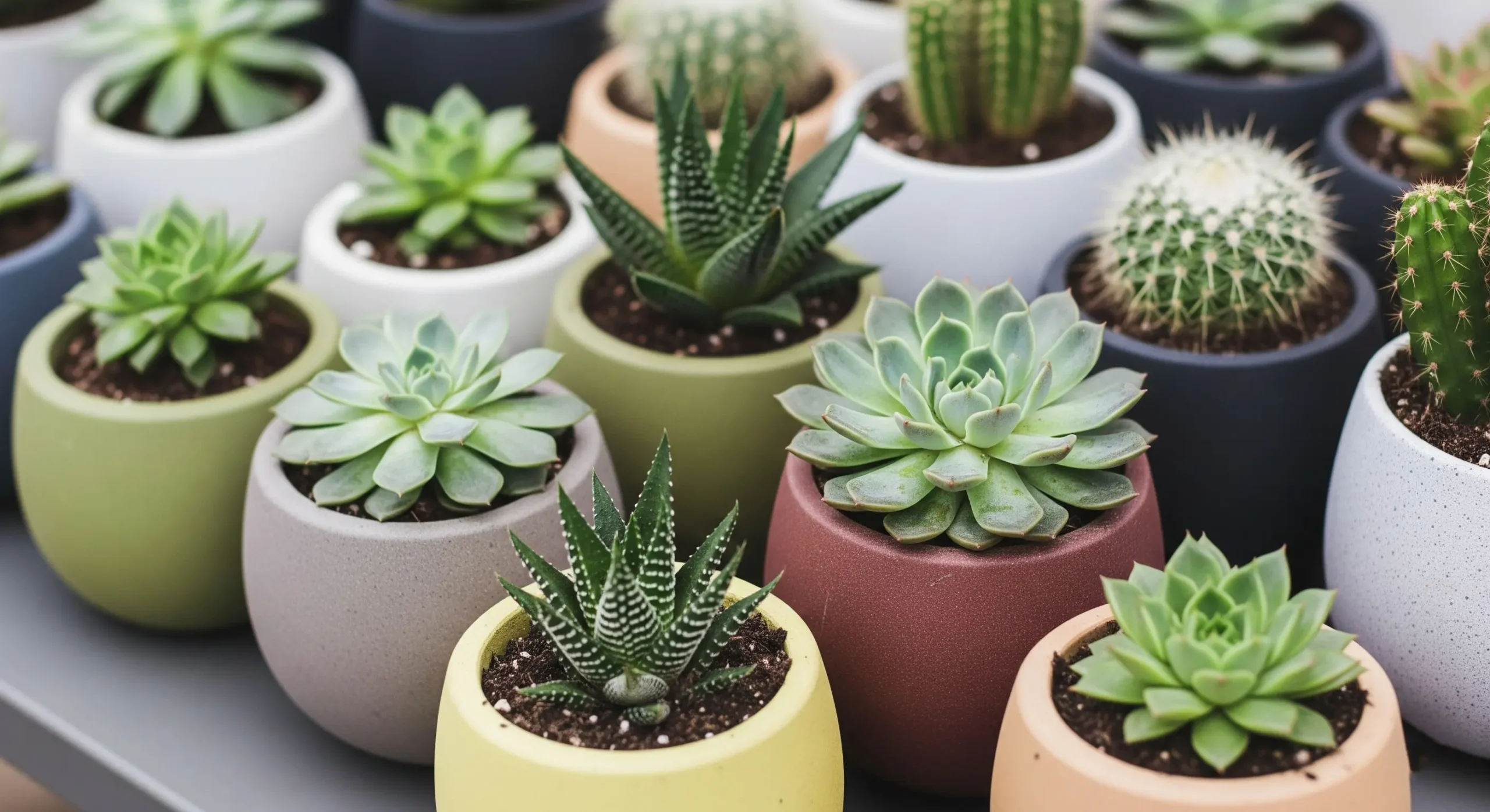 A charming collection of small succulents and cacti in decorative pots, ideal **plant gifts** for busy individuals and minimalist aesthetics.