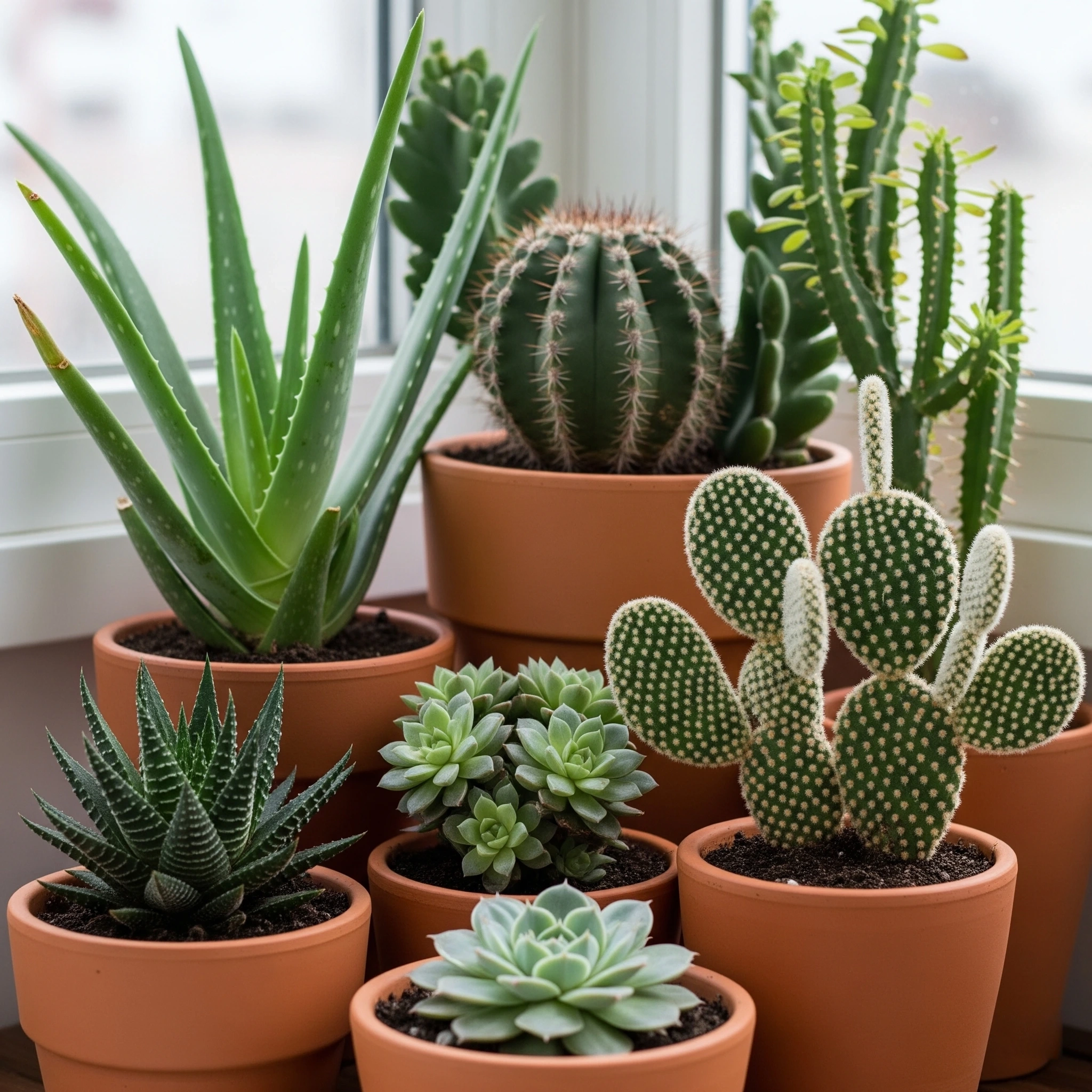 A collection of diverse Succulents and Cacti, resilient **meditation garden plants** symbolizing strength and enduring simplicity.
