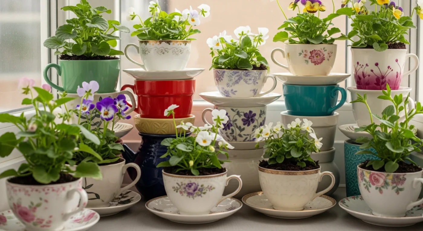 Vintage teacups repurposed as tiny planters with succulents, a charming and unique **whimsical garden decor** idea.