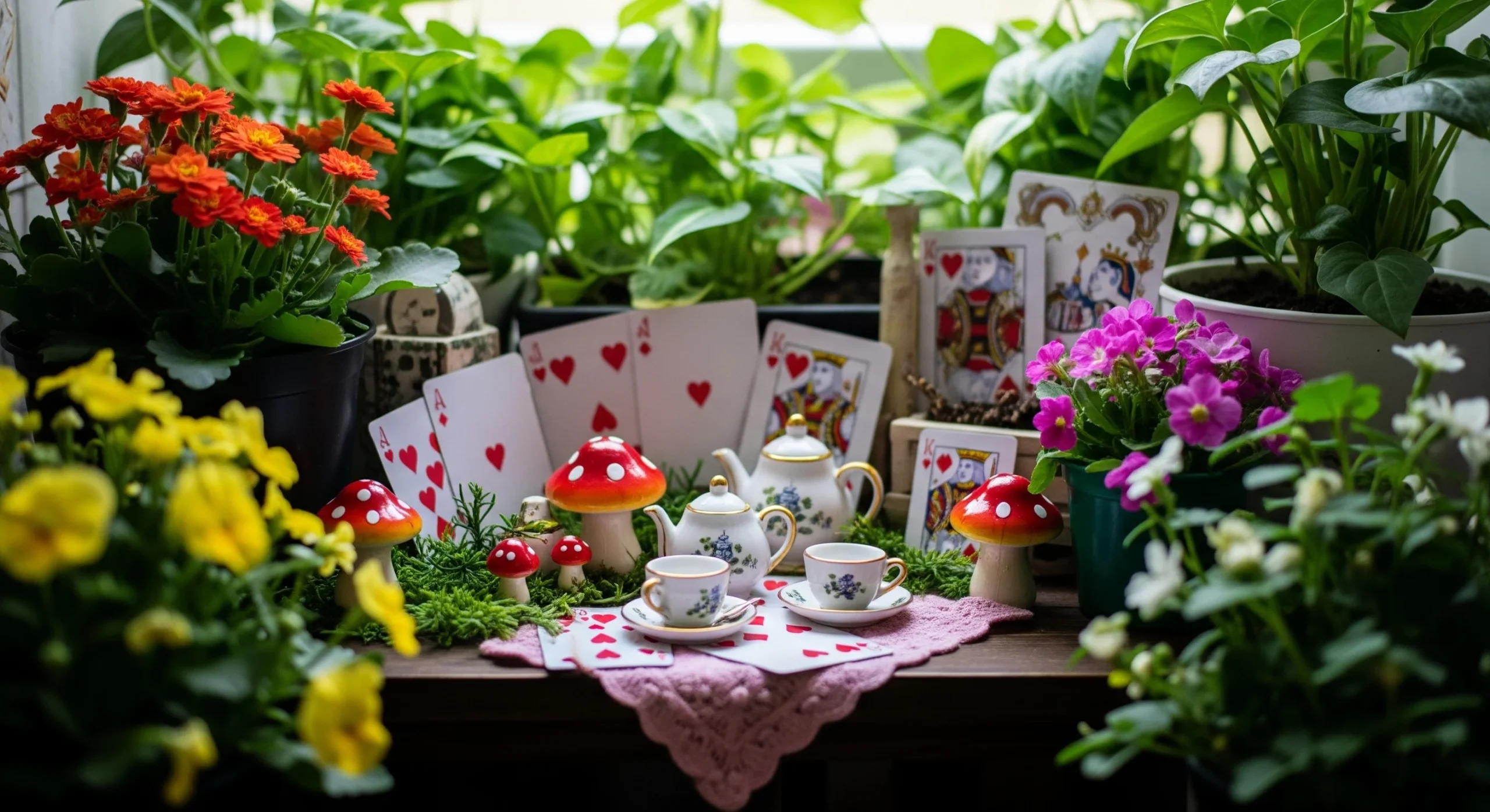 An "Alice in Wonderland" themed garden nook with oversized teacups and whimsical props, creating an immersive **whimsical garden decor** space.