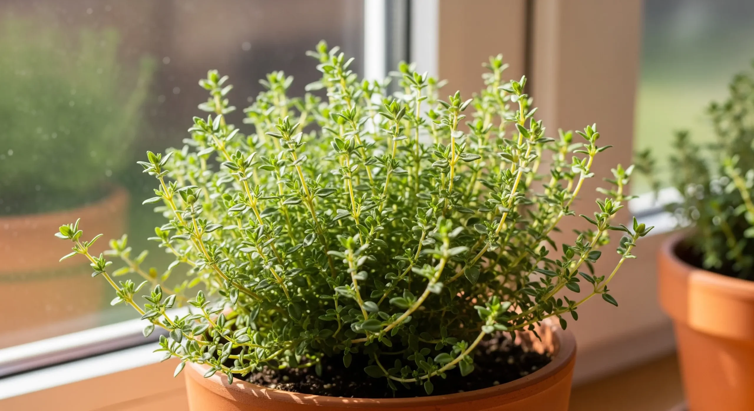 A small, bushy Thyme plant with tiny green leaves, a hardy and versatile **indoor herb** for cooking and fragrance.