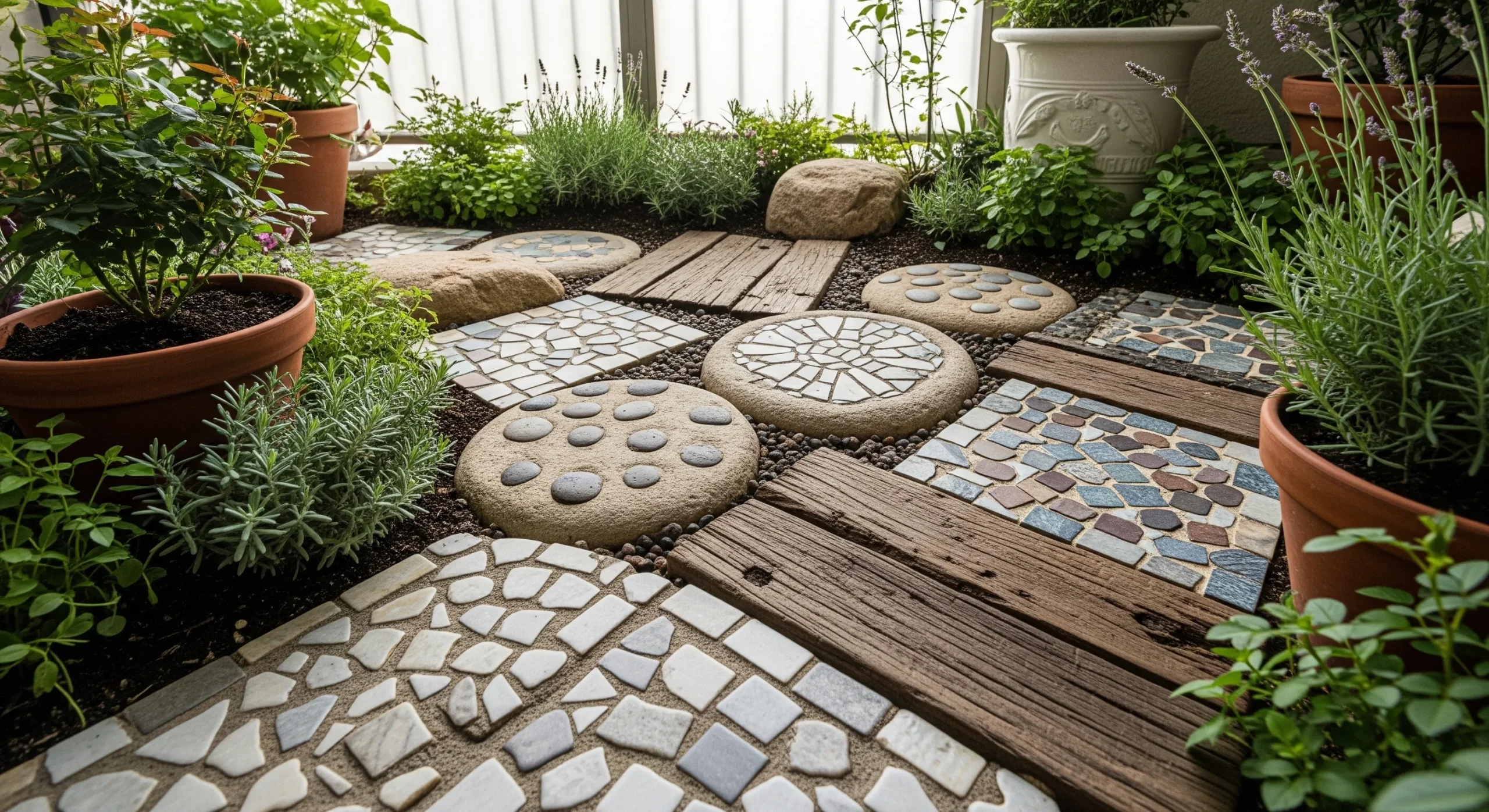 Handmade mosaic stepping stones forming a winding path through a garden, showcasing unique **whimsical garden decor** ideas.
