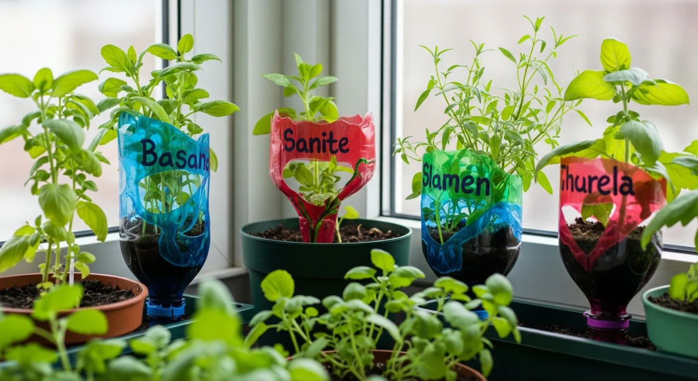 Recycled plastic bottle **DIY garden markers** with plant names, an eco-friendly and waterproof labeling solution.