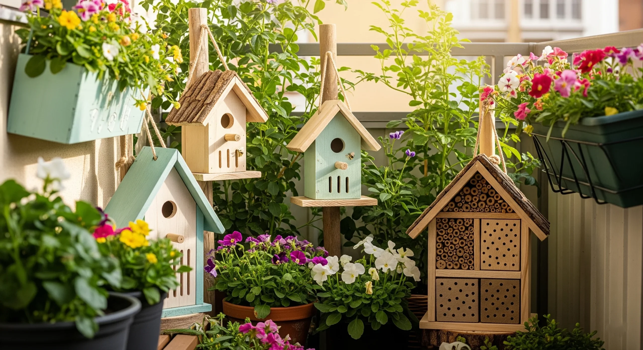 A charming, uniquely designed birdhouse nestled among garden plants, serving as **whimsical garden decor** and inviting wildlife.