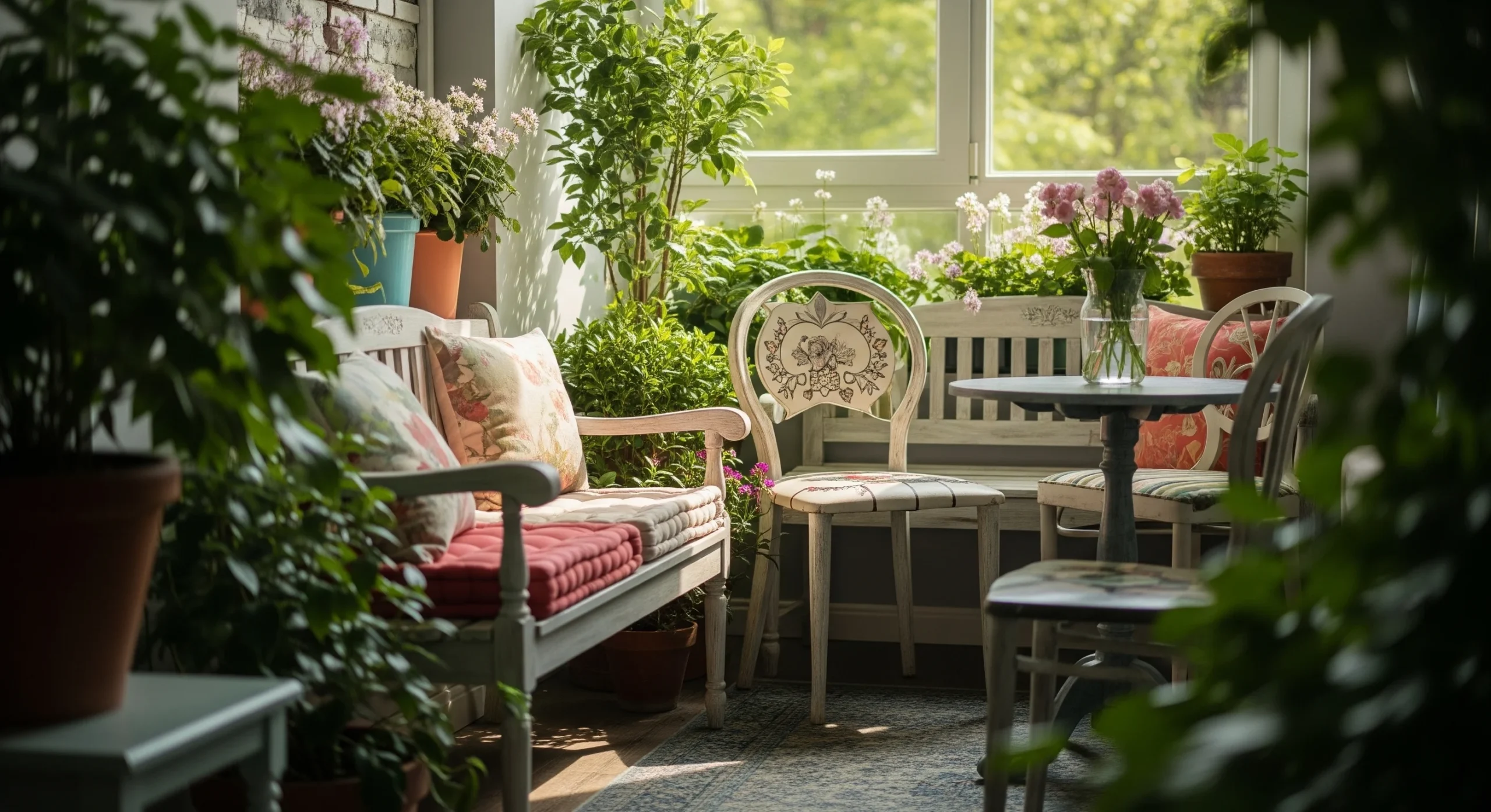 A brightly painted **whimsical garden decor** bench with colorful cushions, offering a joyful spot for garden relaxation.