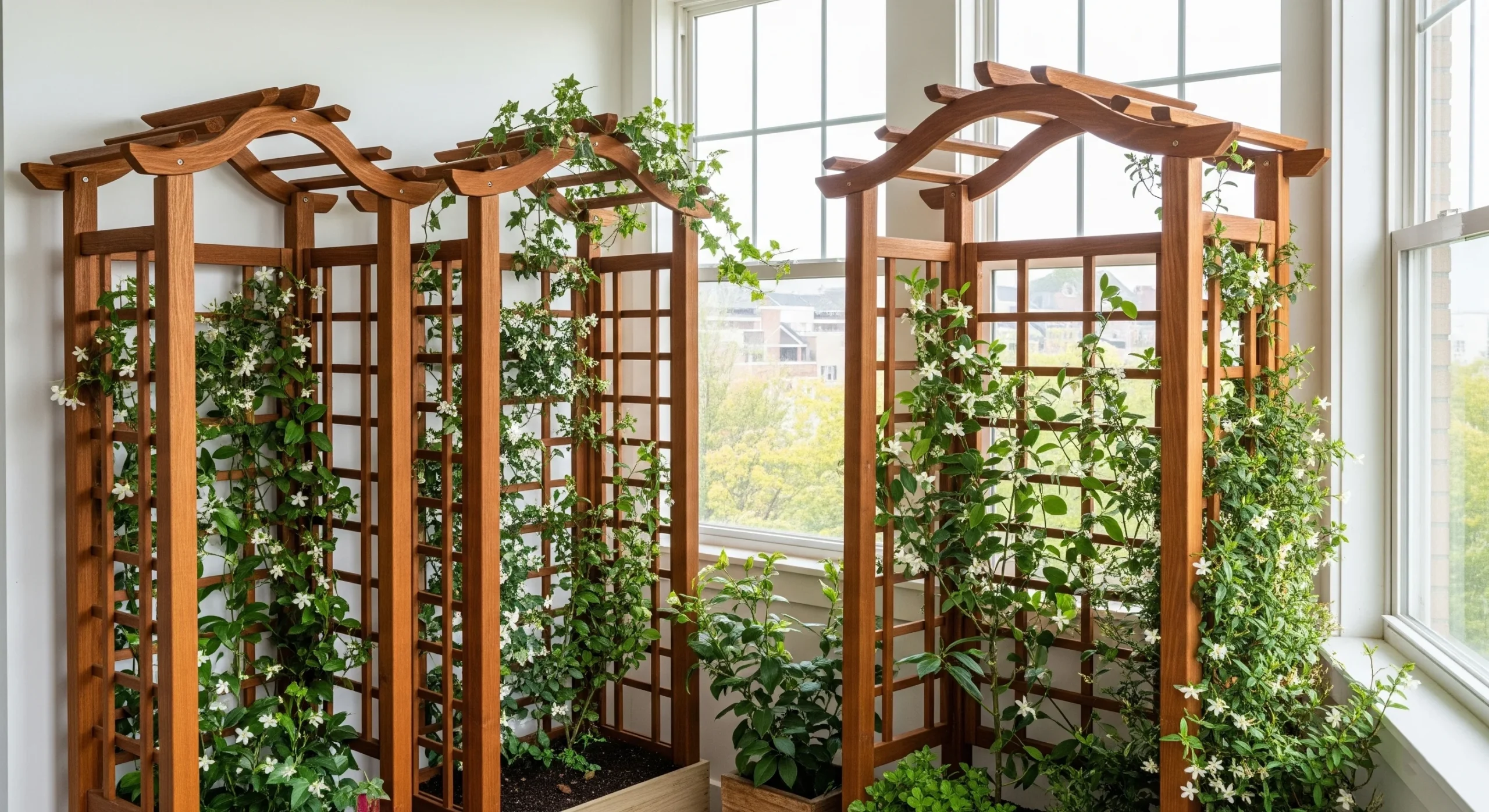 A decorative, uniquely shaped trellis covered in climbing vines, serving as **whimsical garden decor** and supporting plants.