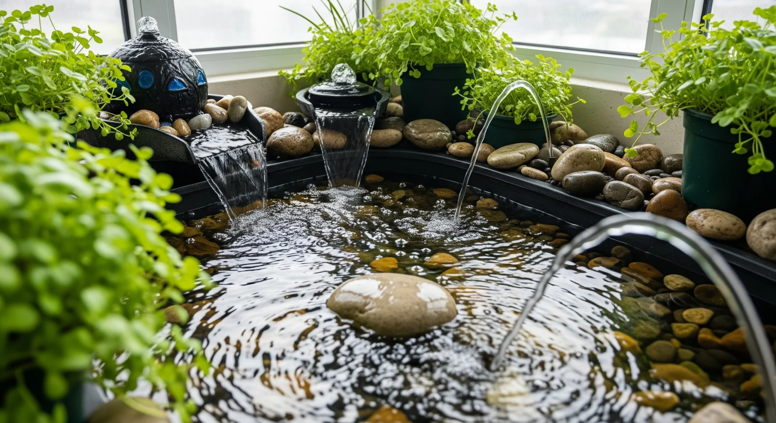 A small, charming water feature with stacked teacups, creating a whimsical cascade in a garden, ideal **whimsical garden decor**.