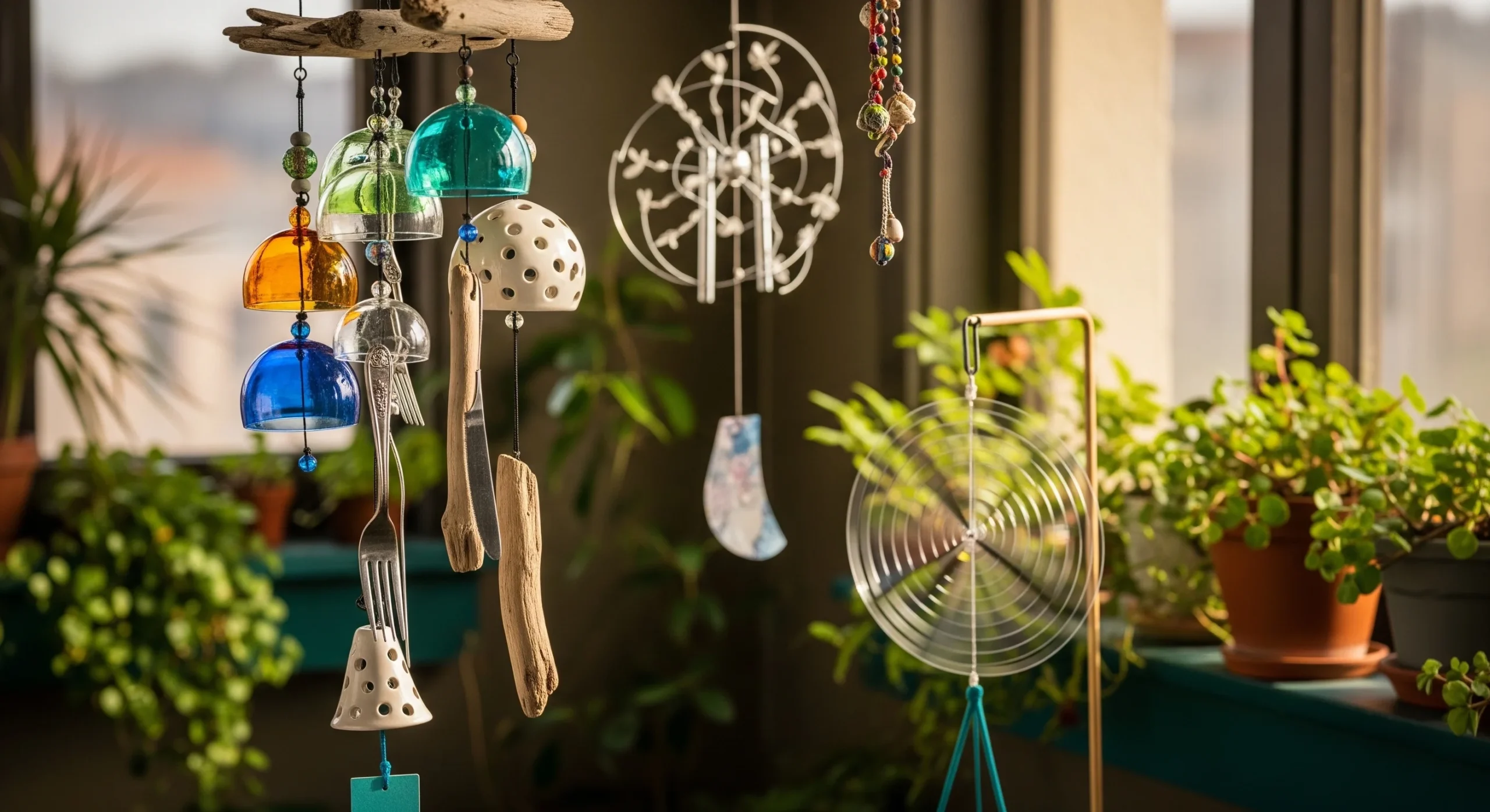 Colourful, unique **whimsical garden decor** wind chimes and spinners hanging in a garden, creating soothing sounds and visual delight.