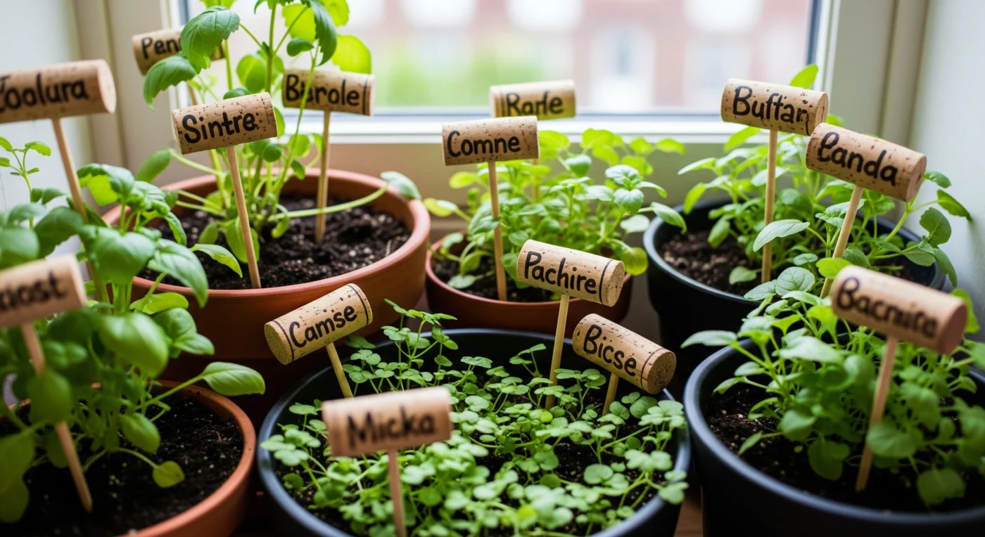 Creative wine cork **DIY garden markers** attached to wooden stakes, a charming and eco-friendly labeling solution.